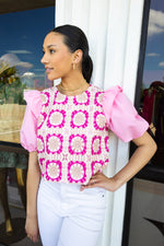 Pink Puff Sleeve Crochet Top-Tops-KCoutureBoutique, women's boutique in Bossier City, Louisiana