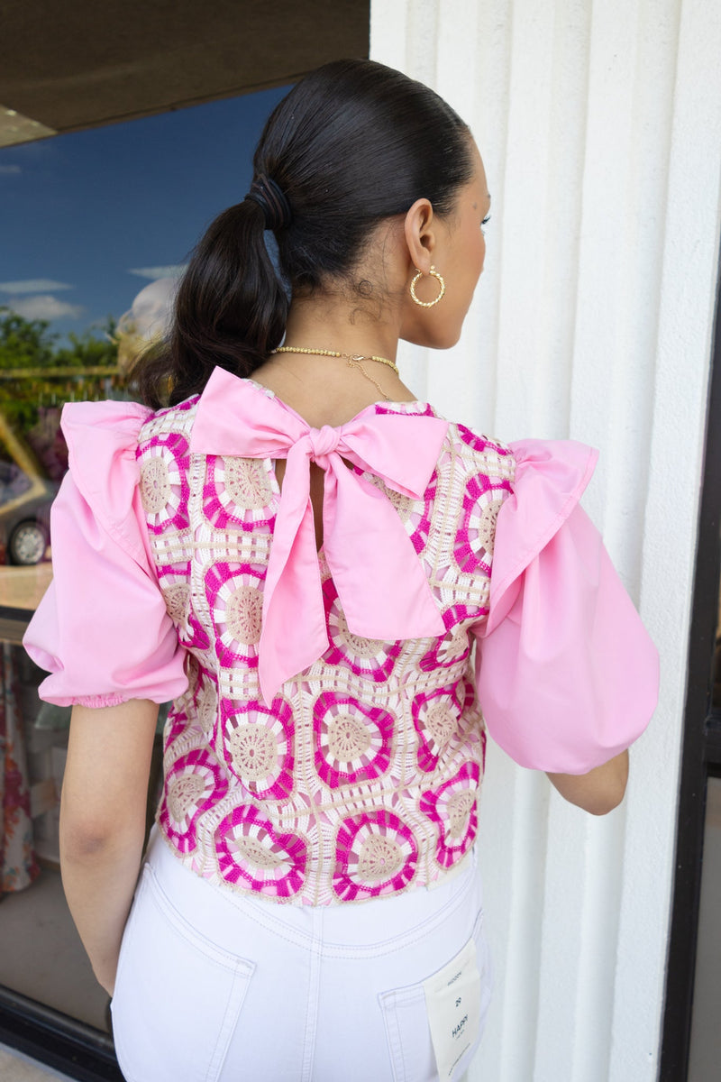 Pink Puff Sleeve Crochet Top-Tops-KCoutureBoutique, women's boutique in Bossier City, Louisiana