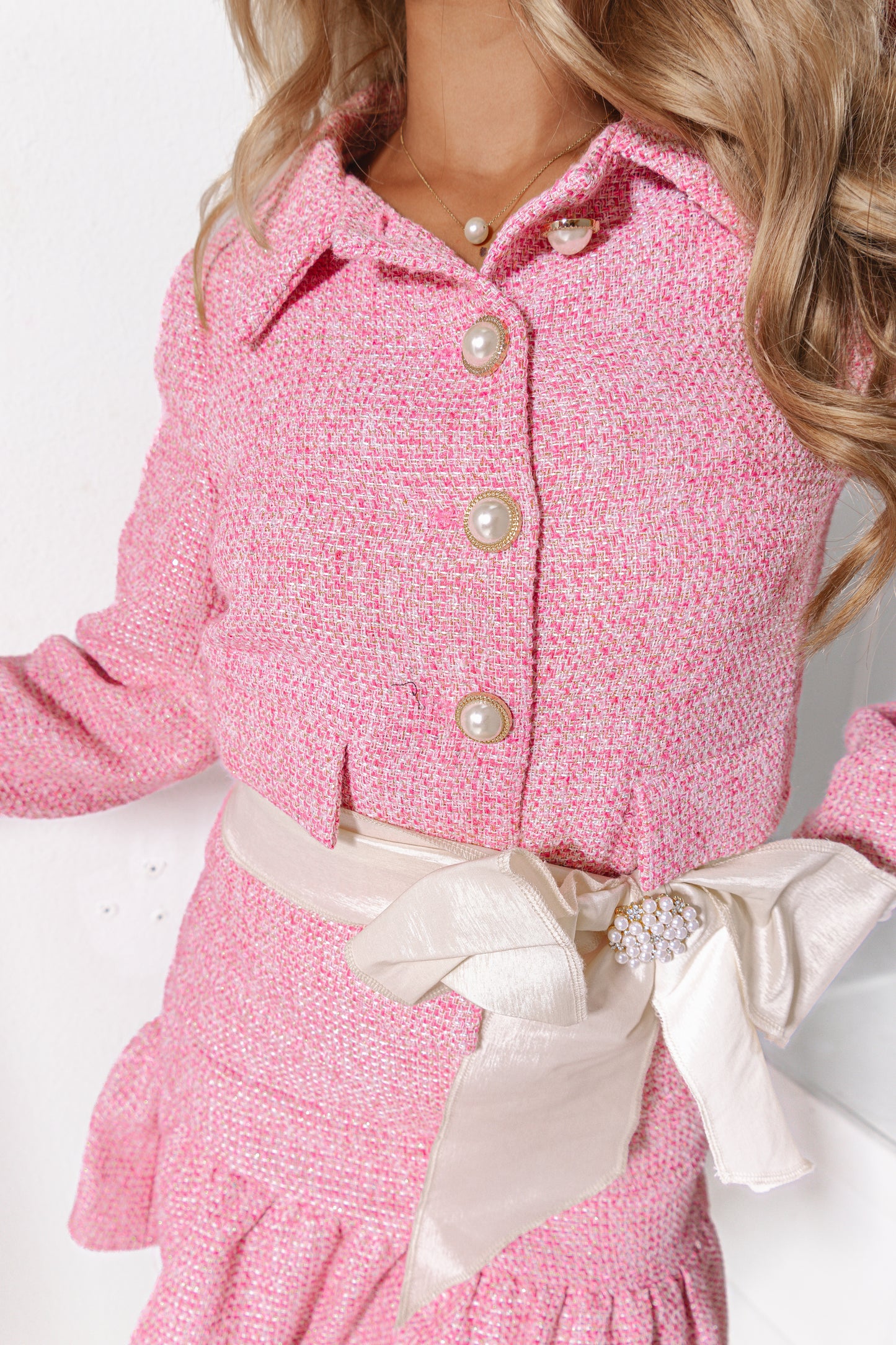 Pink Estate Collared Tweed Top