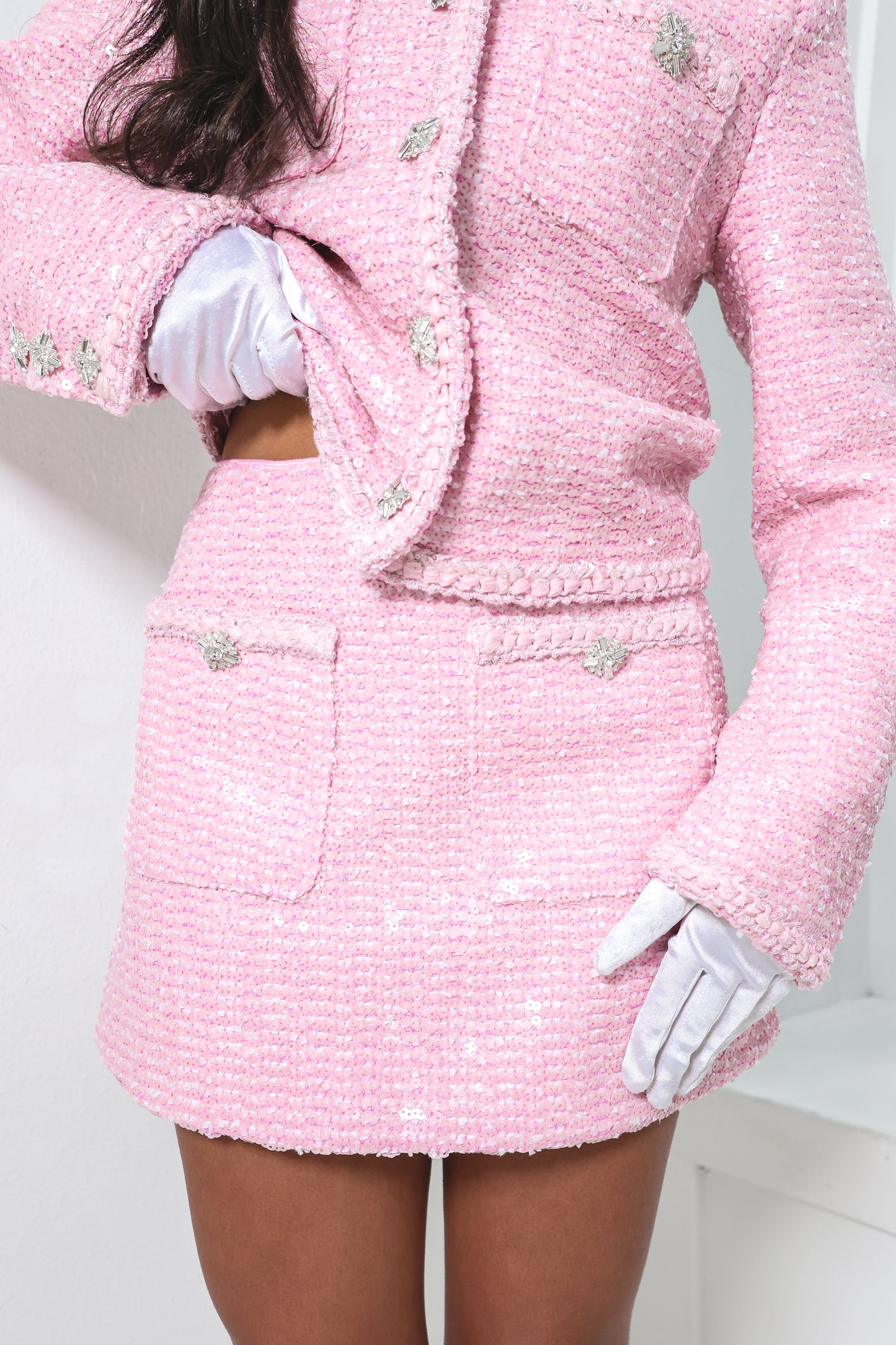 Pink Luxe Rhinestone Detailed Tweed Jacket