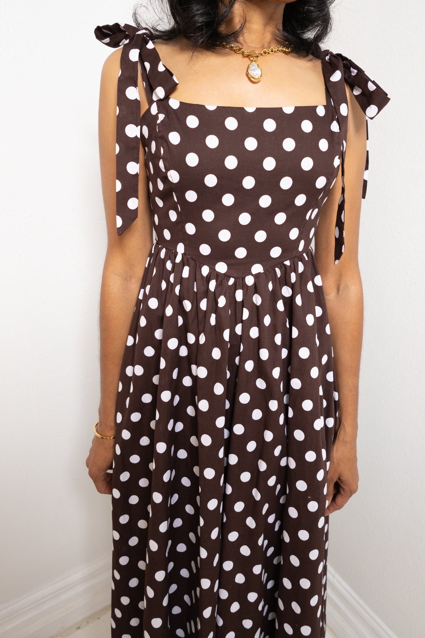 Polka Kiss Shoulder Ties Midi Dress