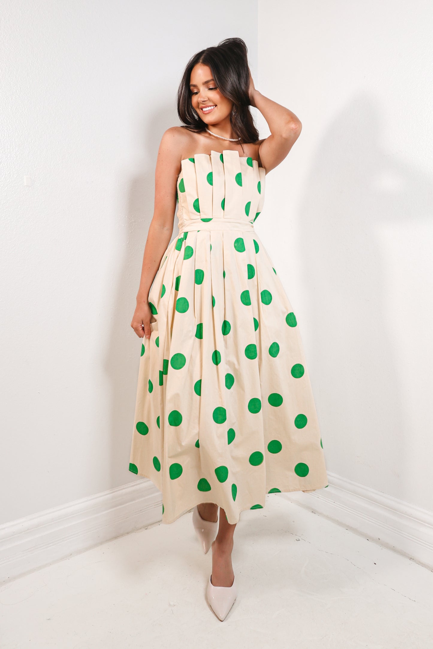 Polka Pop Strapless Midi Dress