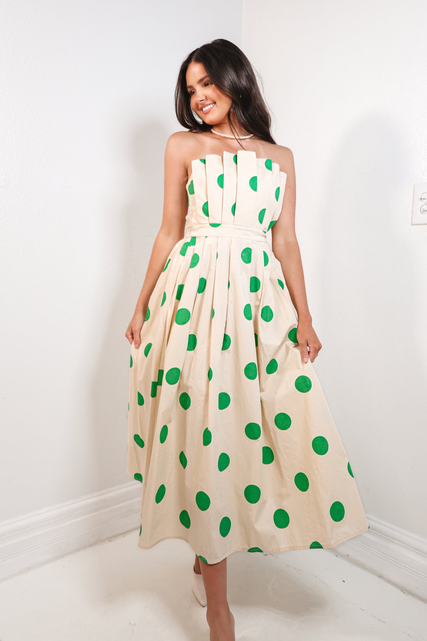 Polka Pop Strapless Midi Dress