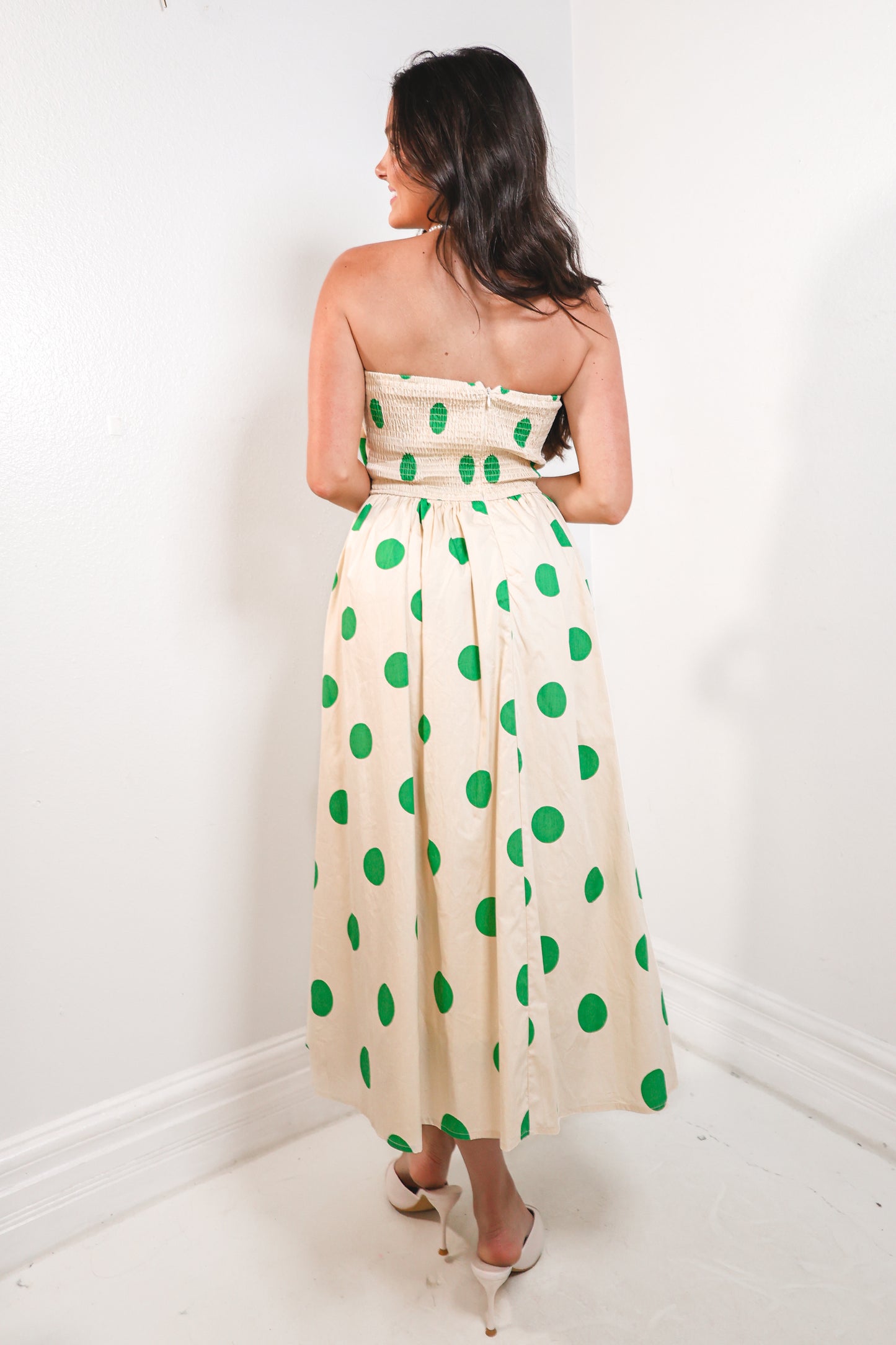 Polka Pop Strapless Midi Dress