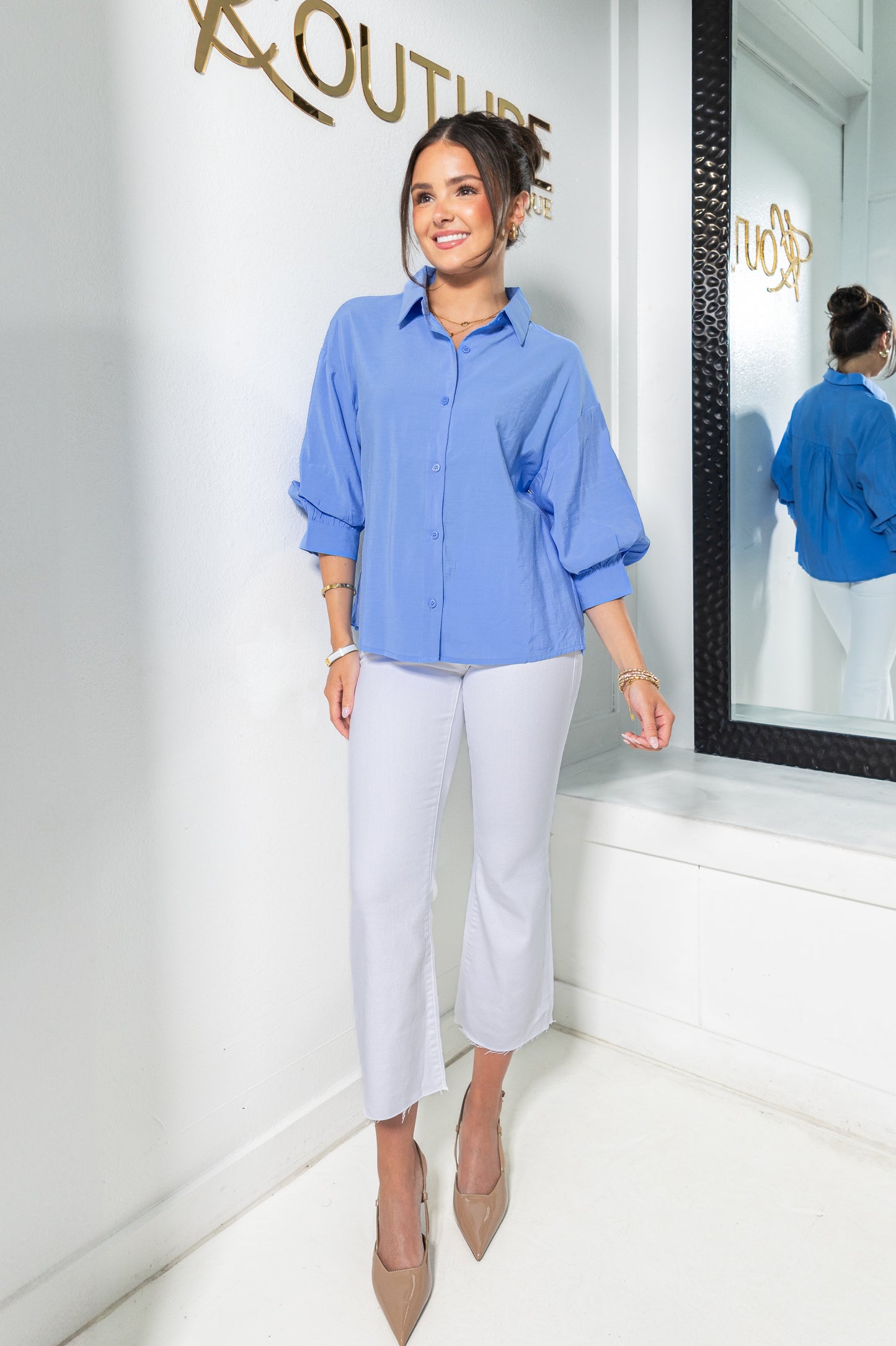 Prep Club 3/4 Sleeve Button Down Top