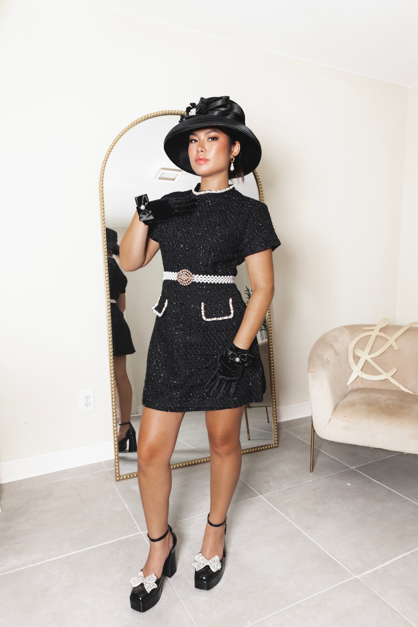 Pretty In Tweed Pearl Embellished Mini Dress