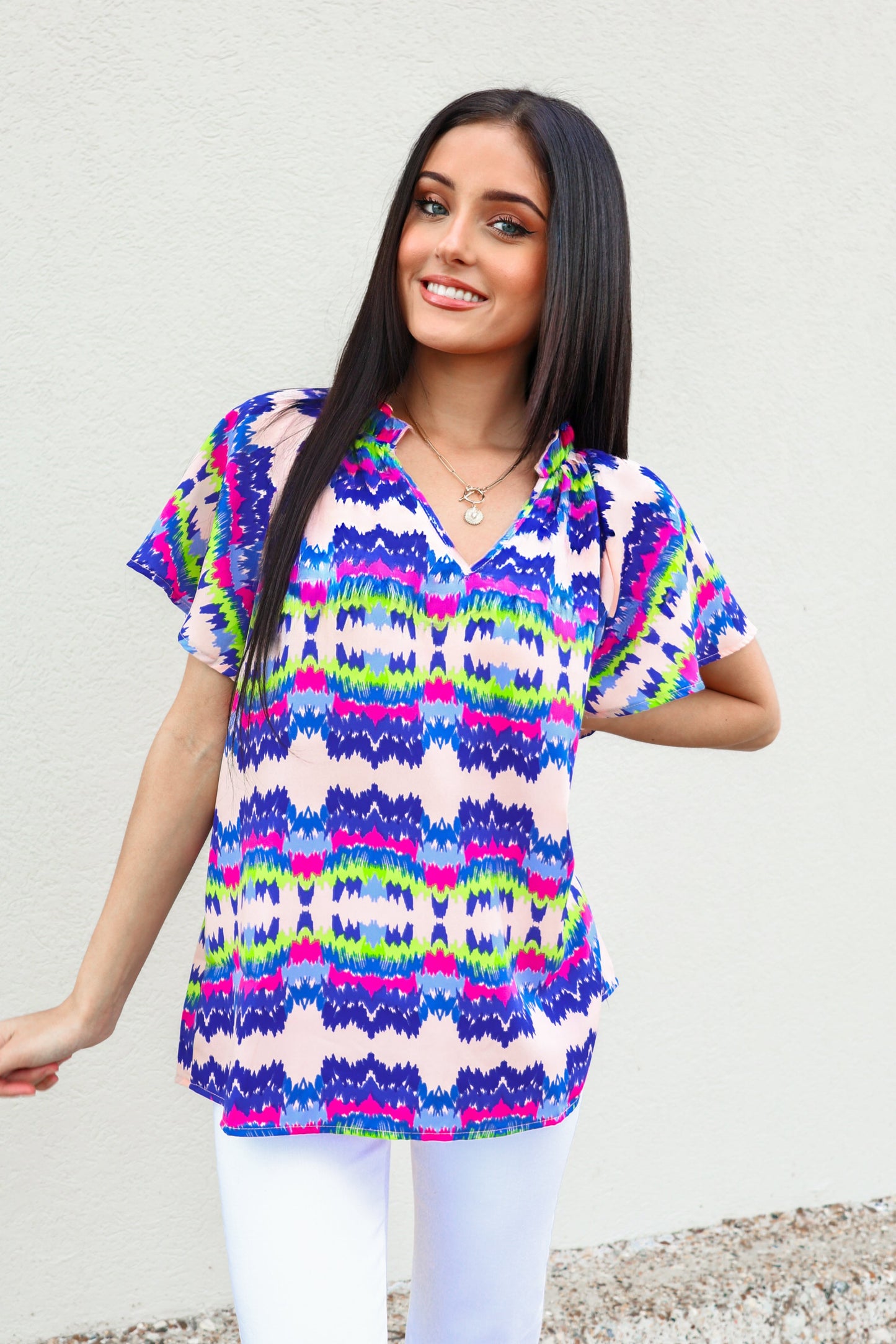 Printed V-Neck Short Sleeve Top-Top-KCoutureBoutique, women's boutique in Bossier City, Louisiana