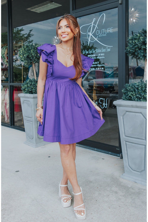 Purple Ruffle Sleeve Mini Dress-Dress-KCoutureBoutique, women's boutique in Bossier City, Louisiana