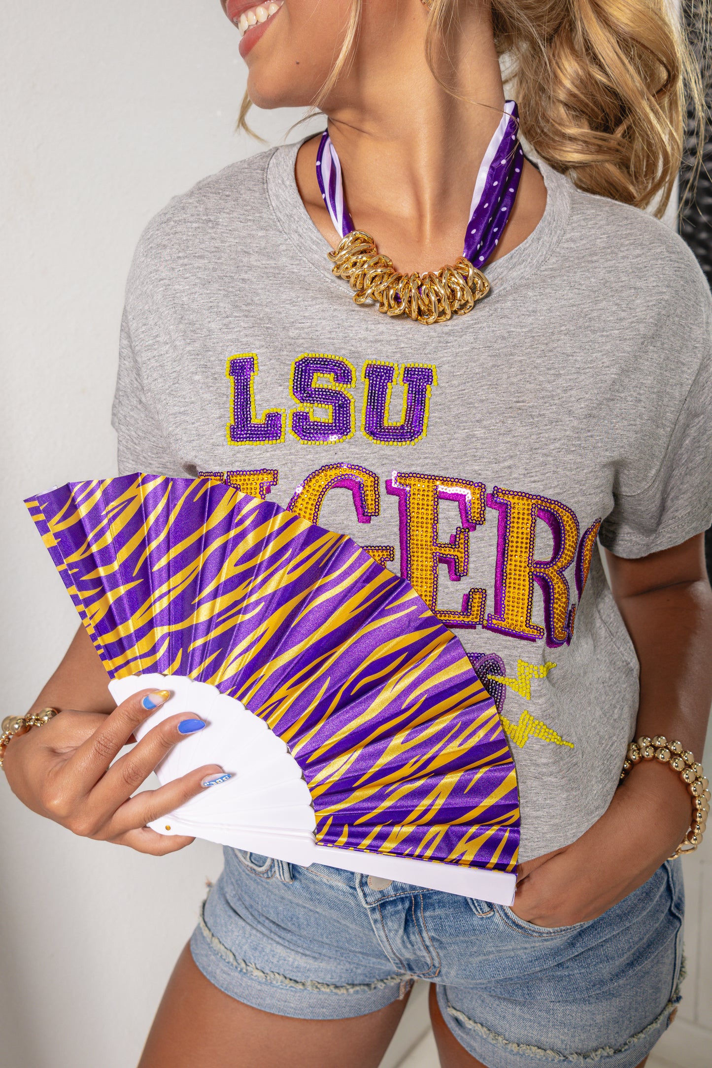Purple & Gold Tiger Stripe Hand Fan