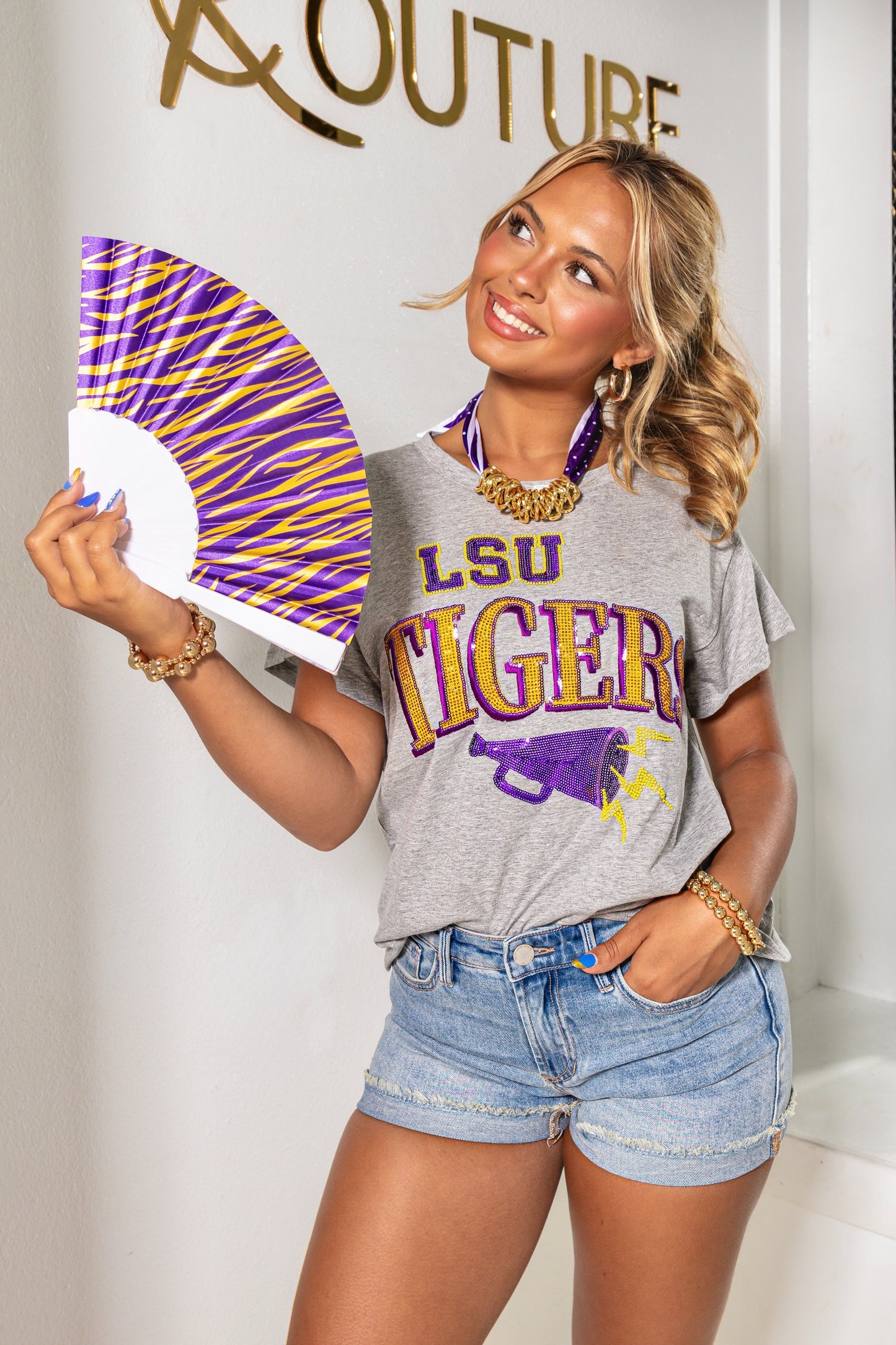 Purple & Gold Tiger Stripe Hand Fan