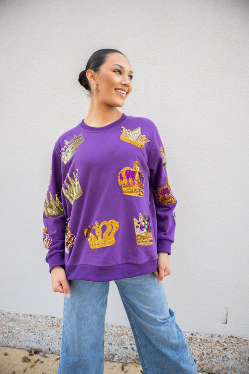 Queen Of Sparkles Purple Crown Sweatshirt-Tops-KCoutureBoutique, women's boutique in Bossier City, Louisiana