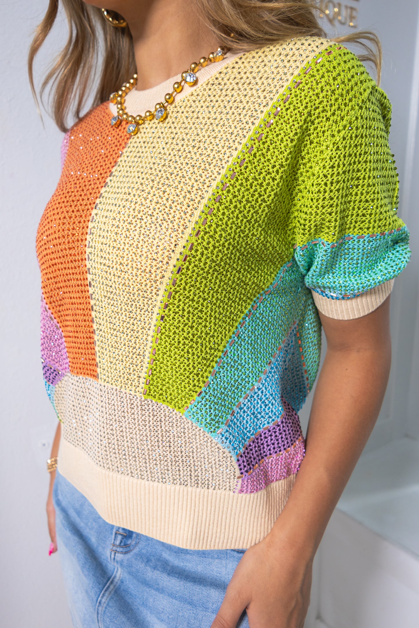 Queen Of Sparkles Rhinestone Rainbow Sun Crochet Top