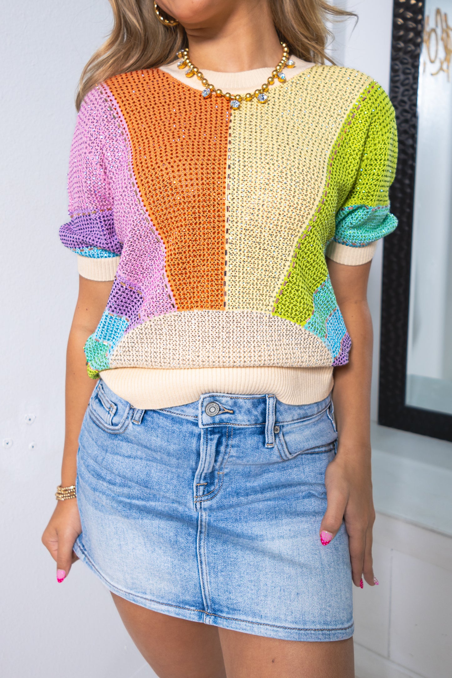 Queen Of Sparkles Rhinestone Rainbow Sun Crochet Top