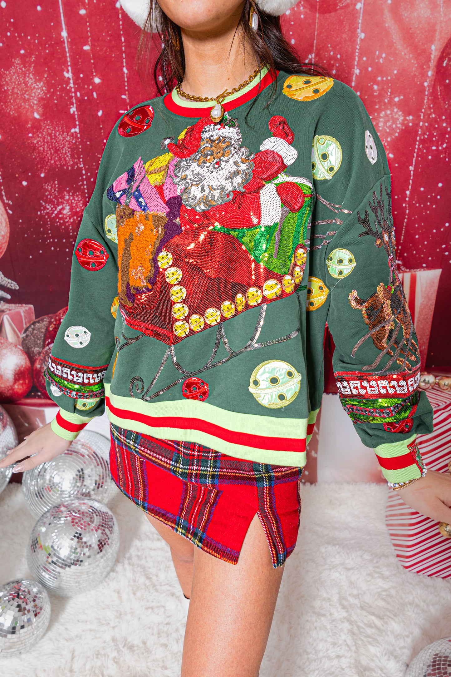 Queen of Sparkles Dark Green Vintage Jingle Bell Santa Sweatshirt