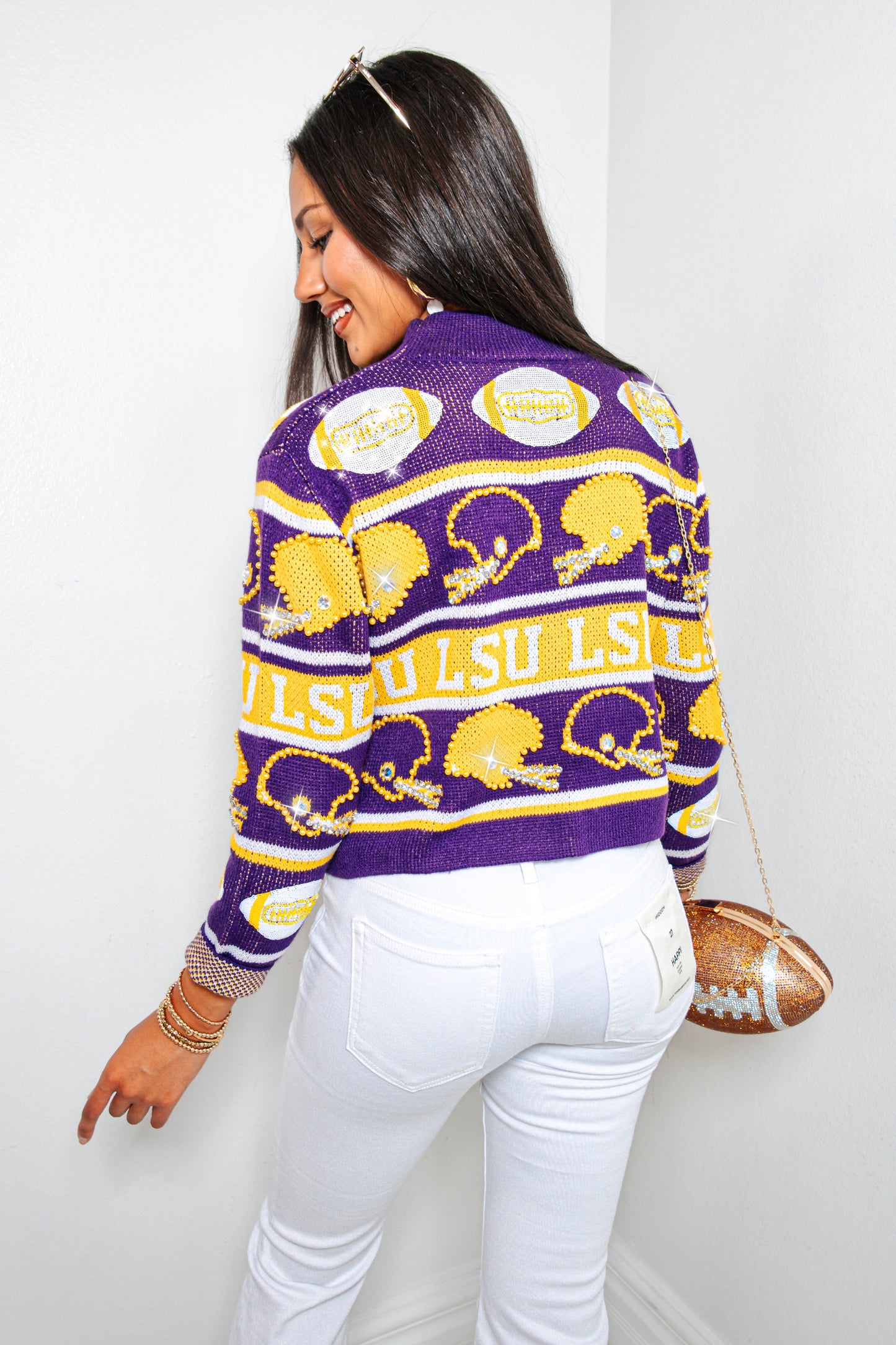 Queen of Sparkles LSU Football Helmet Striped Sweater