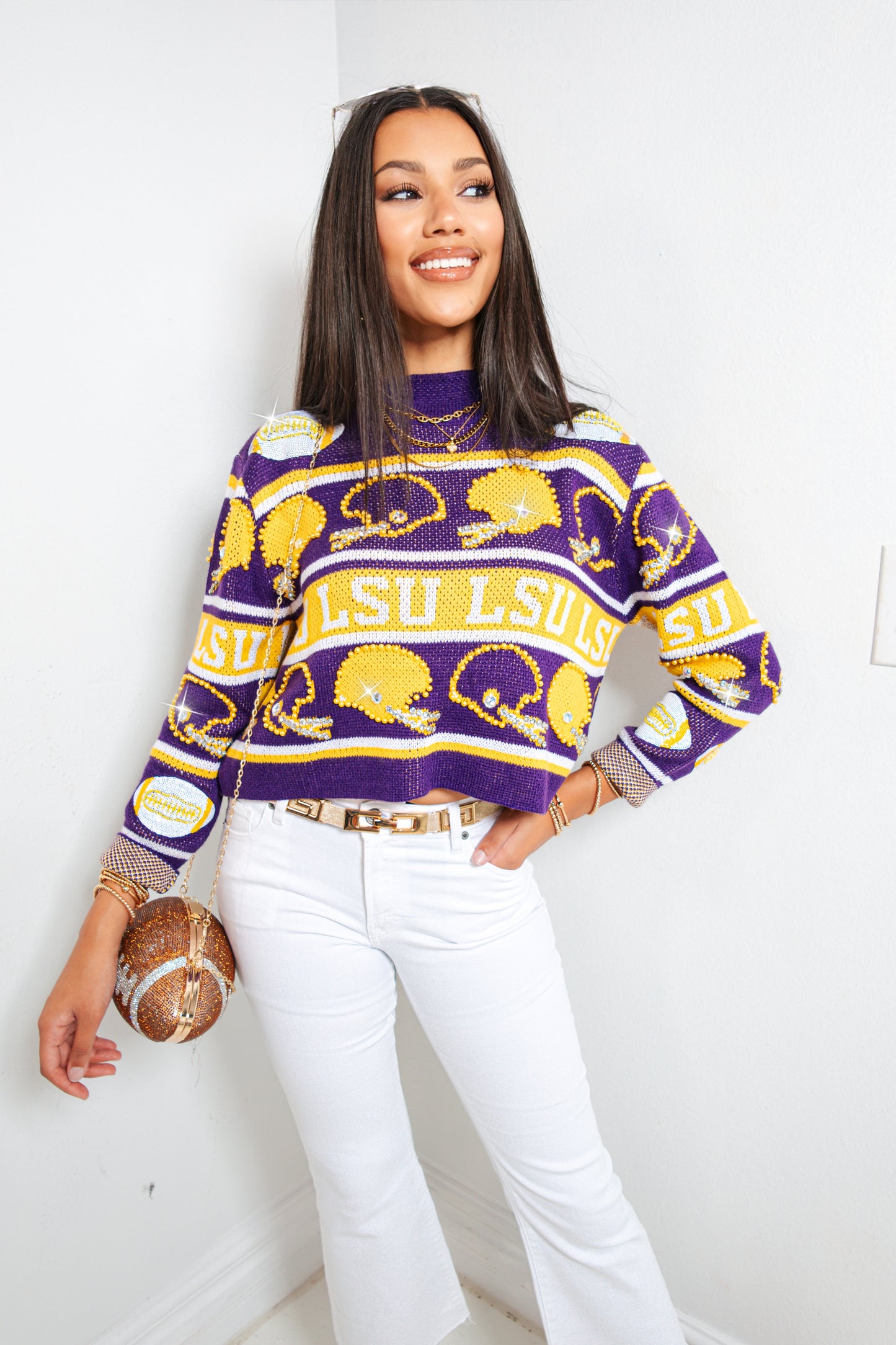 Queen of Sparkles LSU Football Helmet Striped Sweater