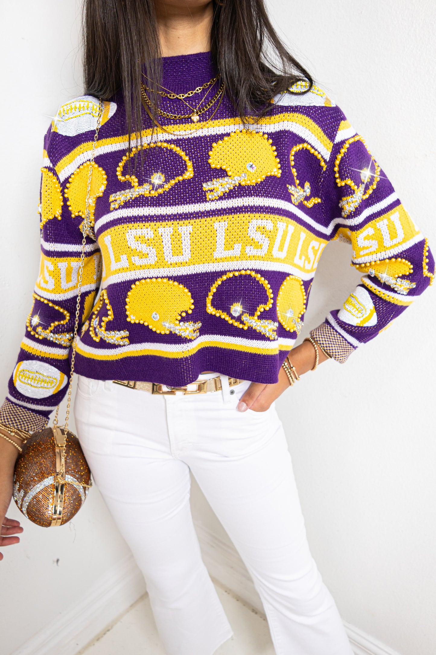 Queen of Sparkles LSU Football Helmet Striped Sweater