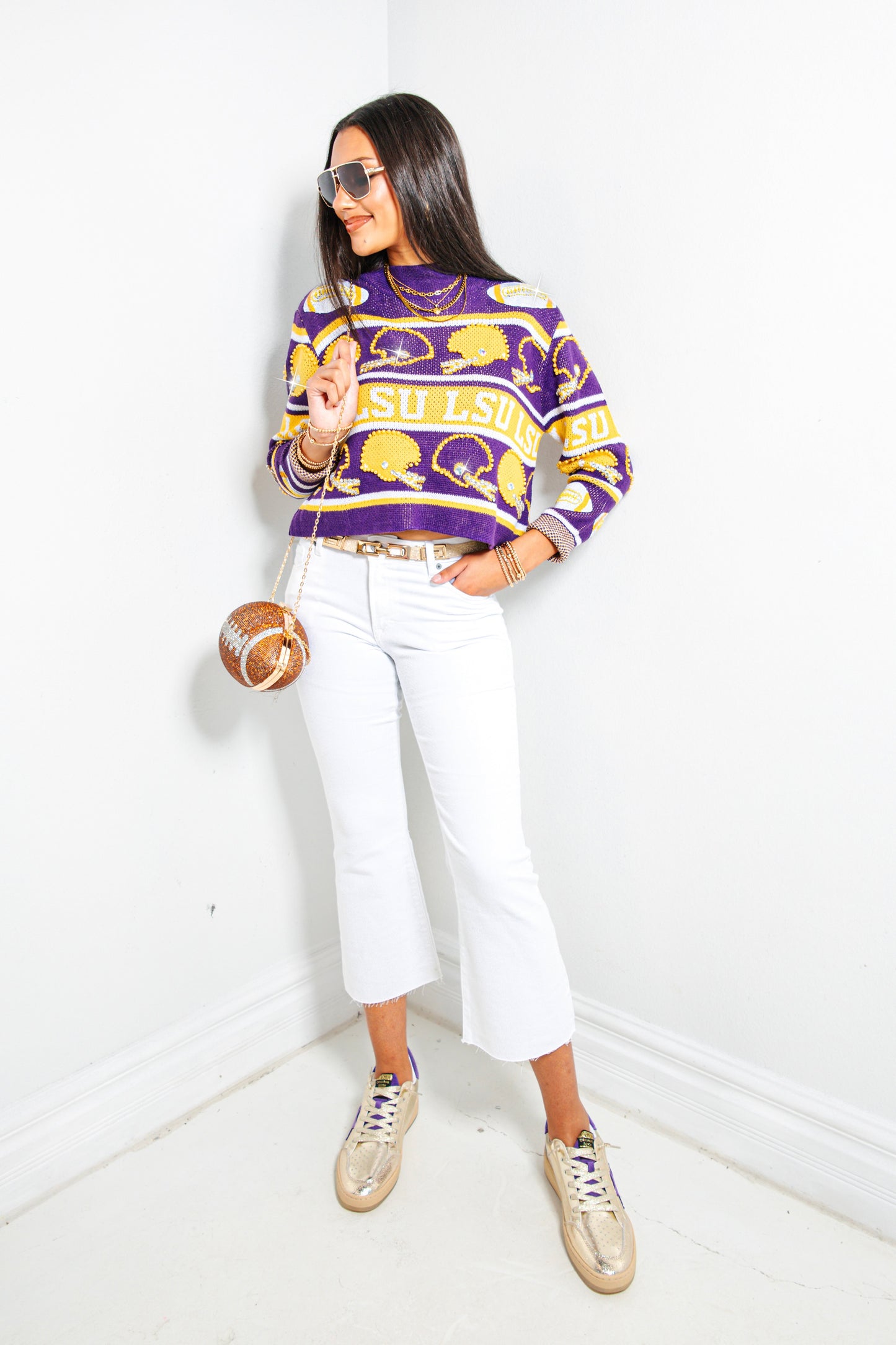 Queen of Sparkles LSU Football Helmet Striped Sweater