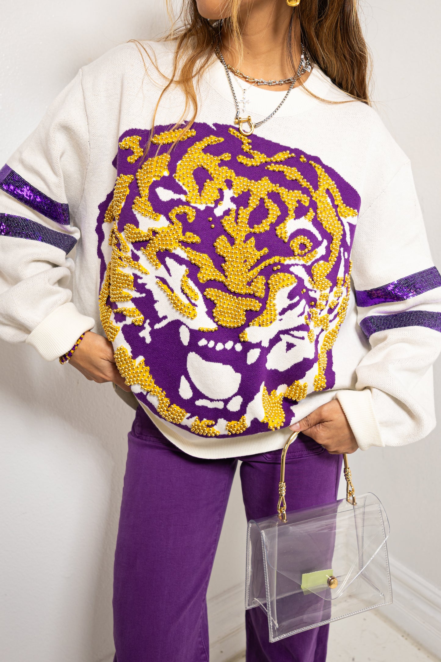 Queen of Sparkles LSU Oversized Mascot Sweater