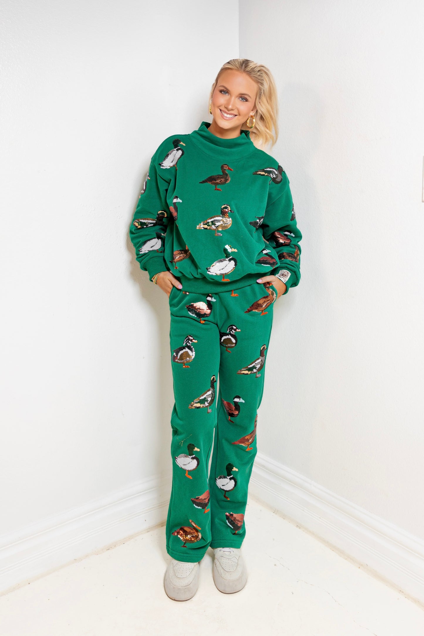 Queen of Sparkles Mock Neck Dark Green Duck Sweatshirt