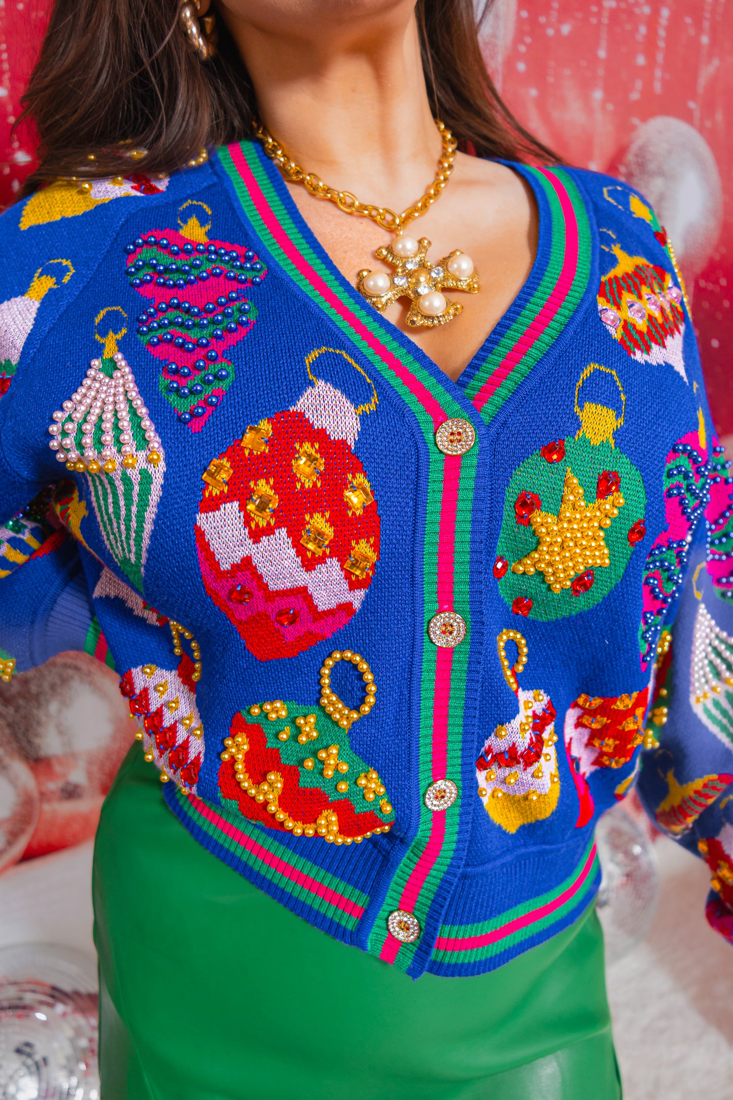 Queen of Sparkles Royal Blue Multi Jeweled Ornament Button Up Cardigan