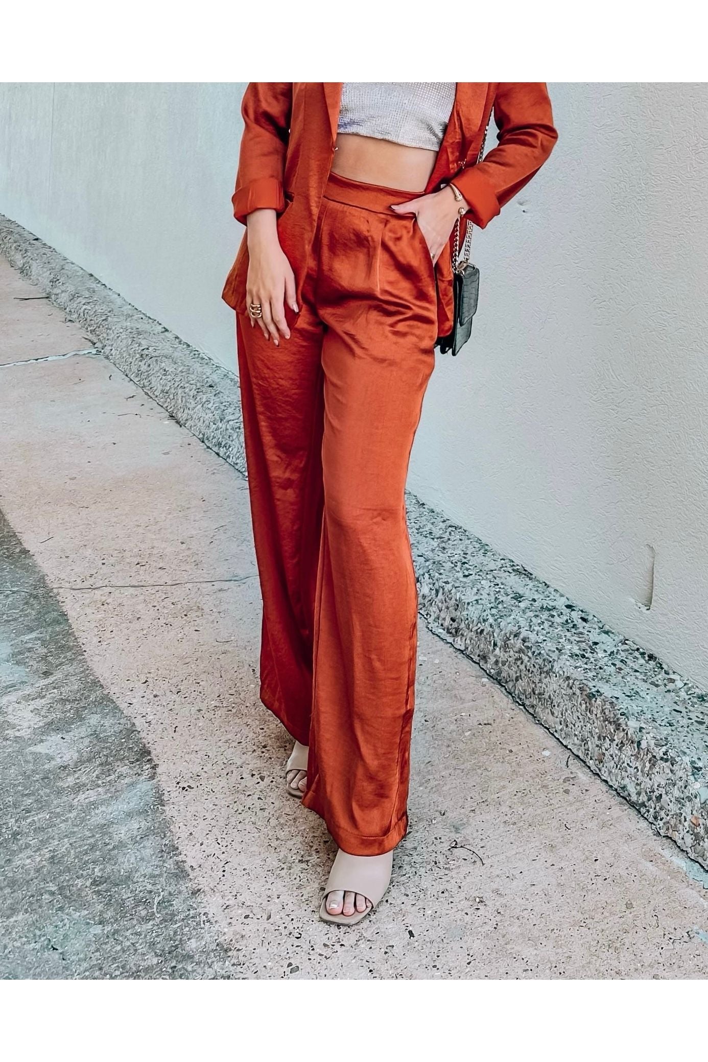 Radiant Rust Satin Wide Leg Pants-Tops-KCoutureBoutique, women's boutique in Bossier City, Louisiana