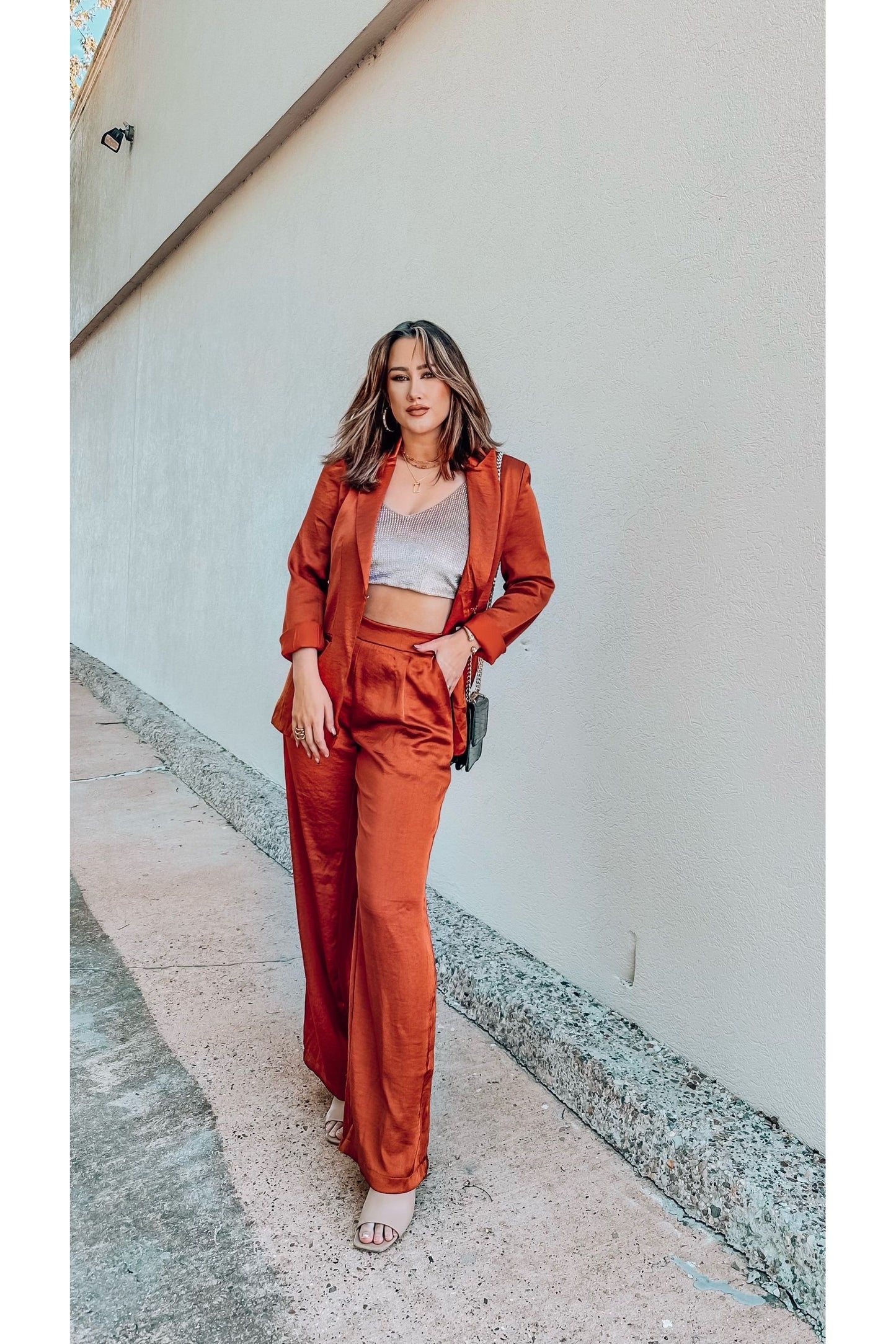 Radiant Rust Satin Wide Leg Pants-Tops-KCoutureBoutique, women's boutique in Bossier City, Louisiana