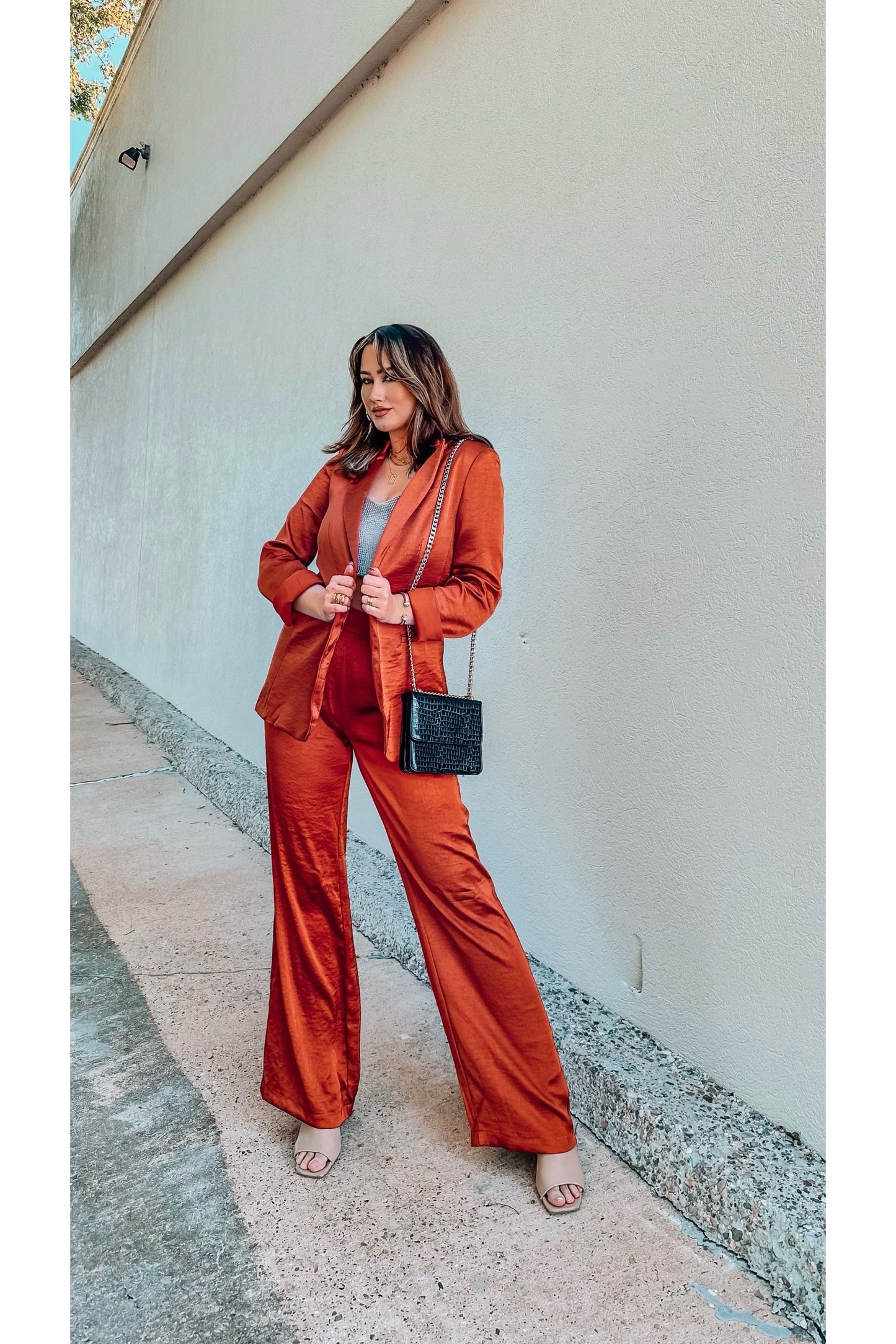 Radiant Rust Satin Wide Leg Pants-Tops-KCoutureBoutique, women's boutique in Bossier City, Louisiana