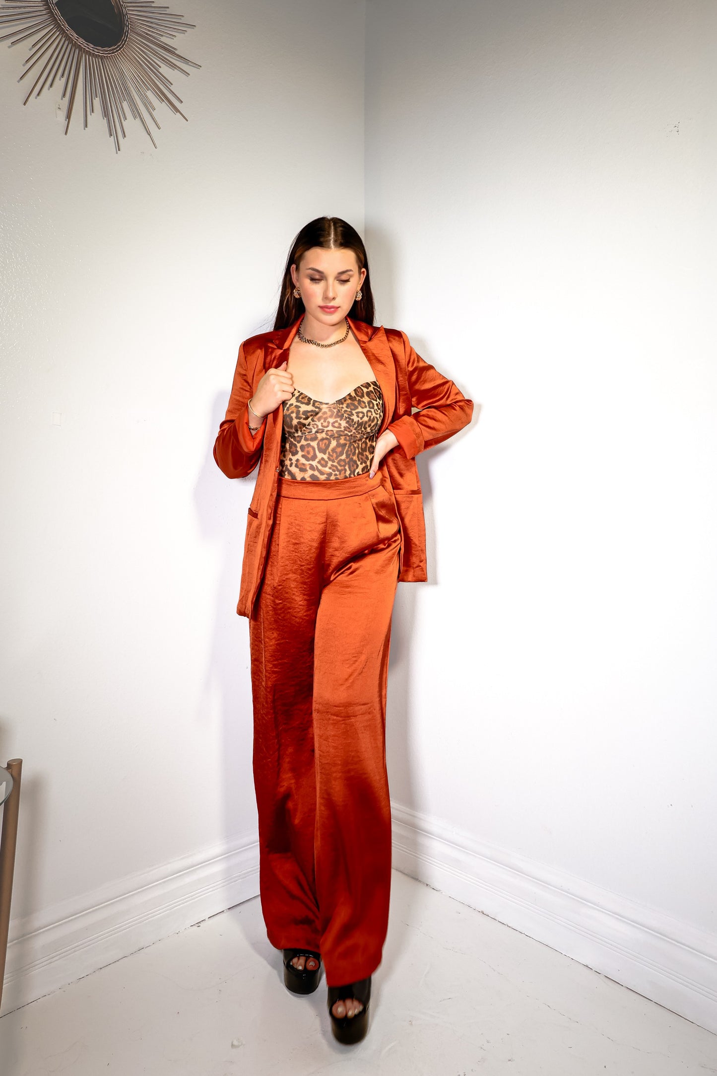 Radiant Rust Satin Wide Leg Pants