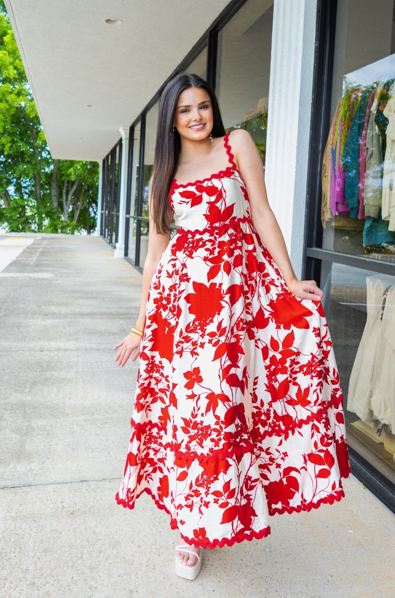 Red Floral Print Midi Dress-Dresses-KCoutureBoutique, women's boutique in Bossier City, Louisiana