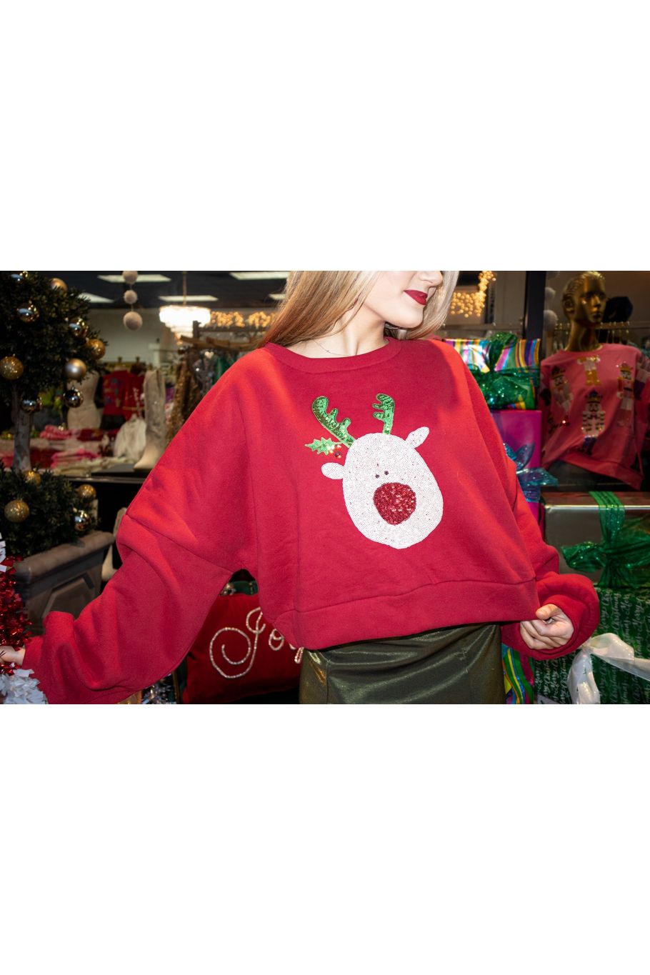 Red Rudolph Sequins Cropped Sweatshirt-KCoutureBoutique, women's boutique in Bossier City, Louisiana