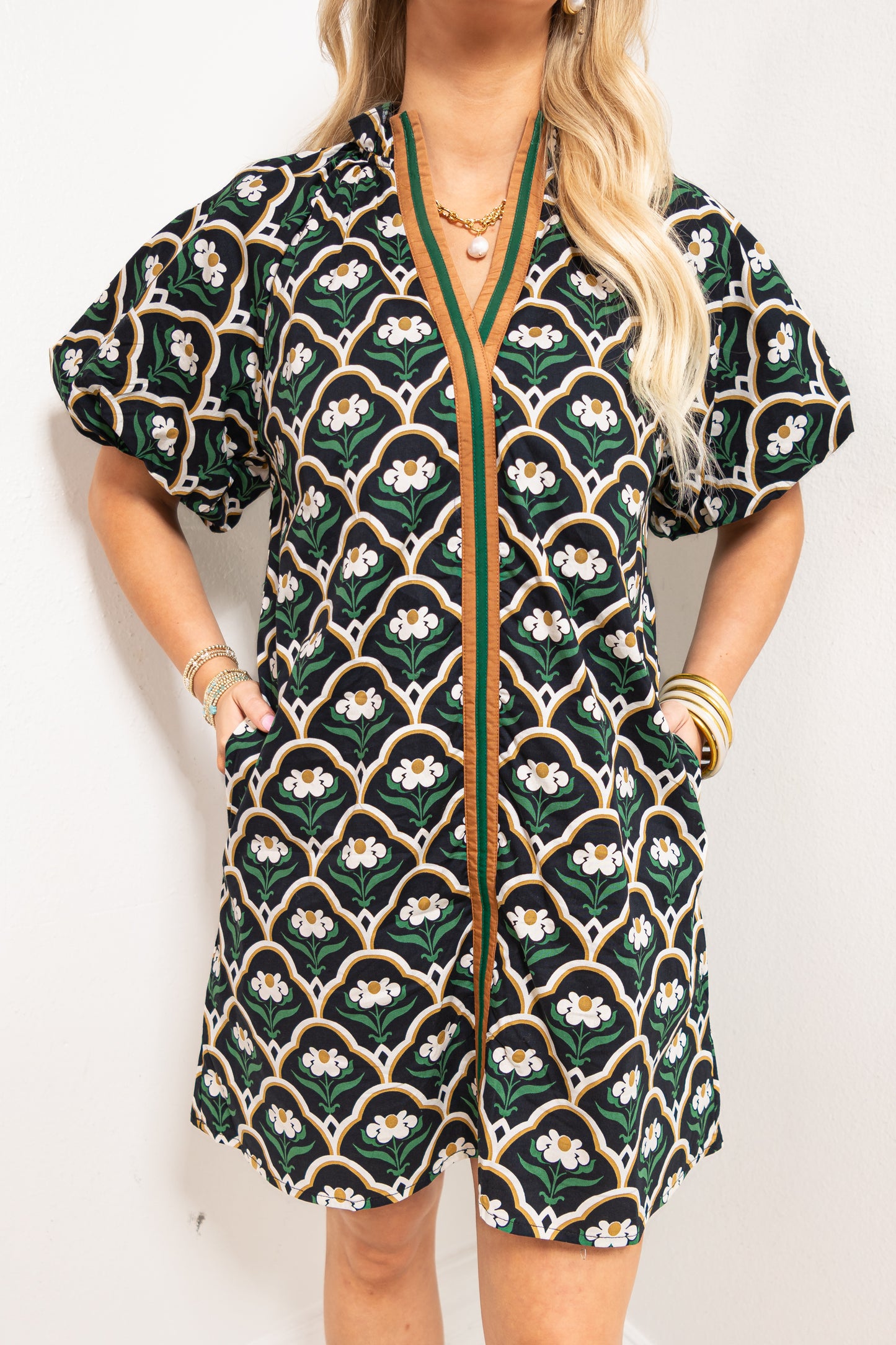 Retro Petals Puff Sleeve Mini Dress