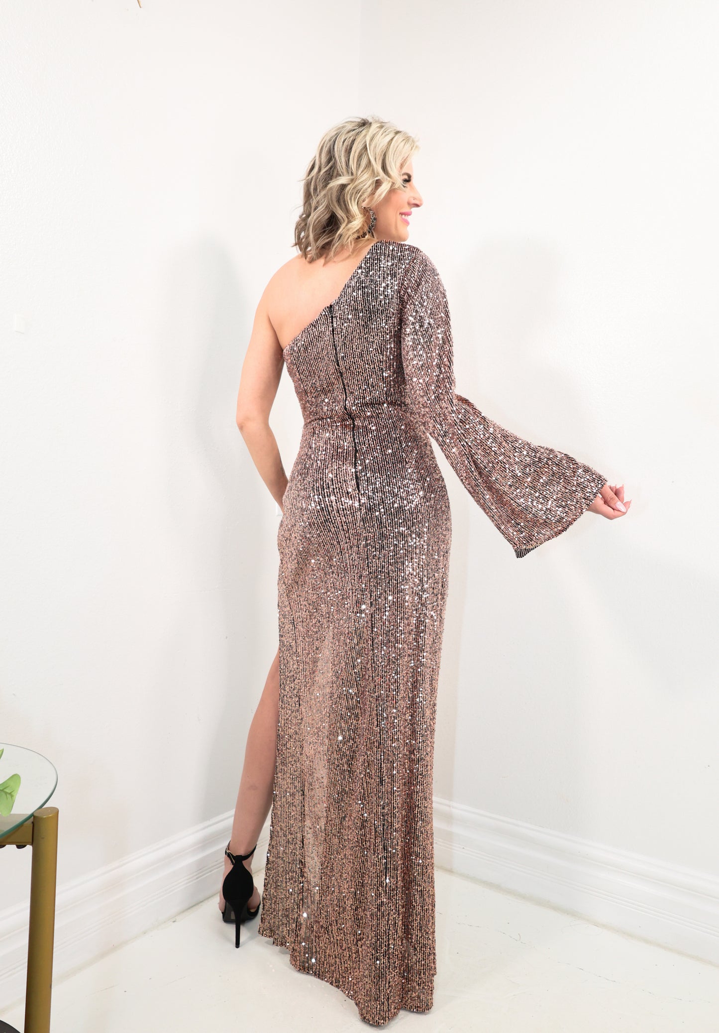 Rose Gold One Shoulder Sequin Gown