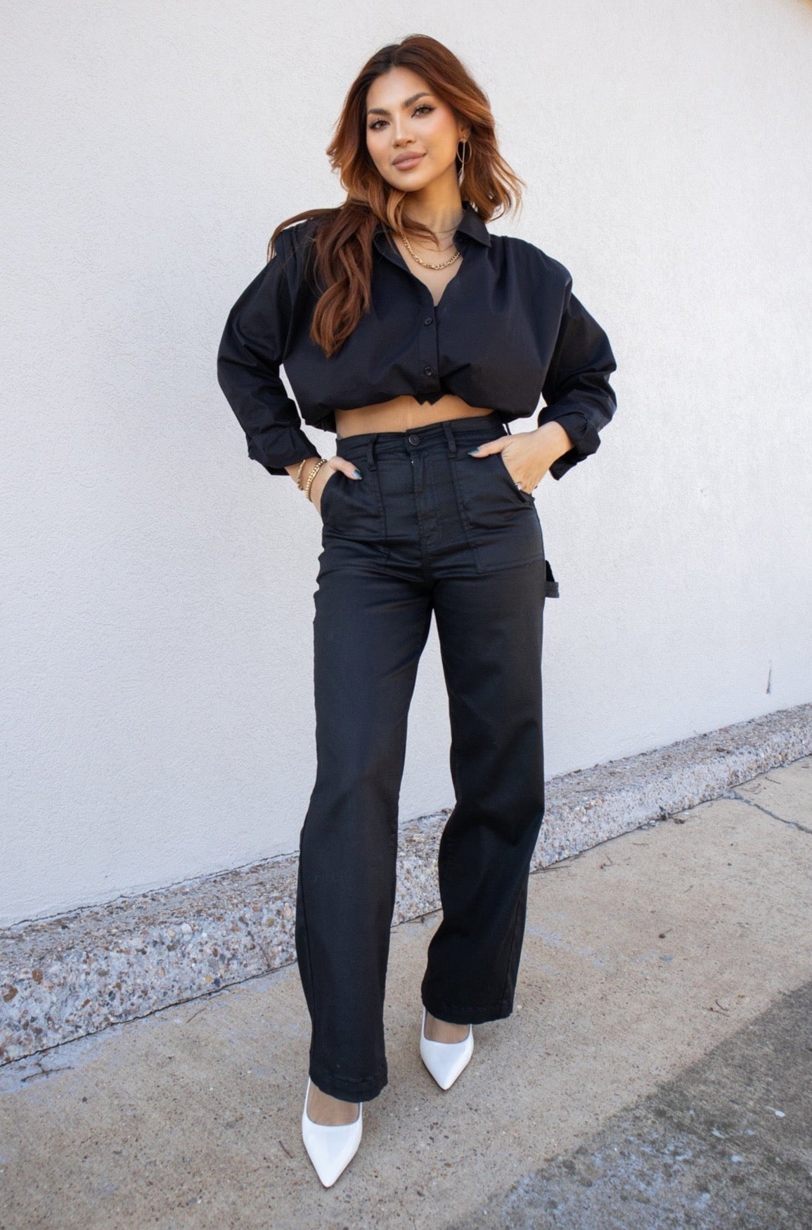Sassy Shoulder Pad Poplin Shirt-KCoutureBoutique, women's boutique in Bossier City, Louisiana