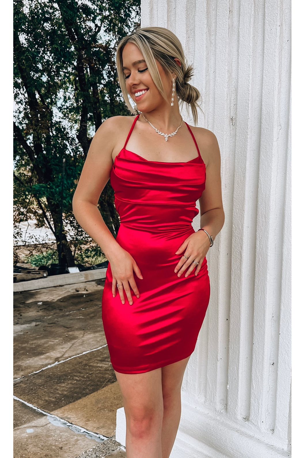 Satin Criss Cross Open Back Mini Dress-Dresses-KCoutureBoutique, women's boutique in Bossier City, Louisiana
