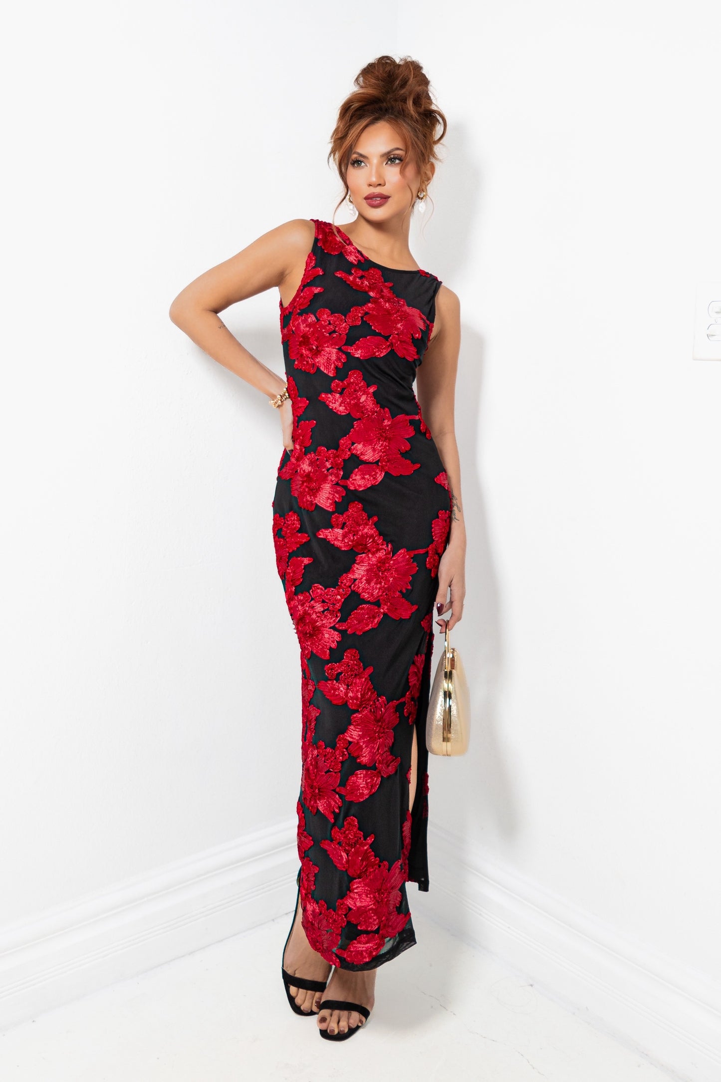 Scarlet Blooms Floral Midi Dress