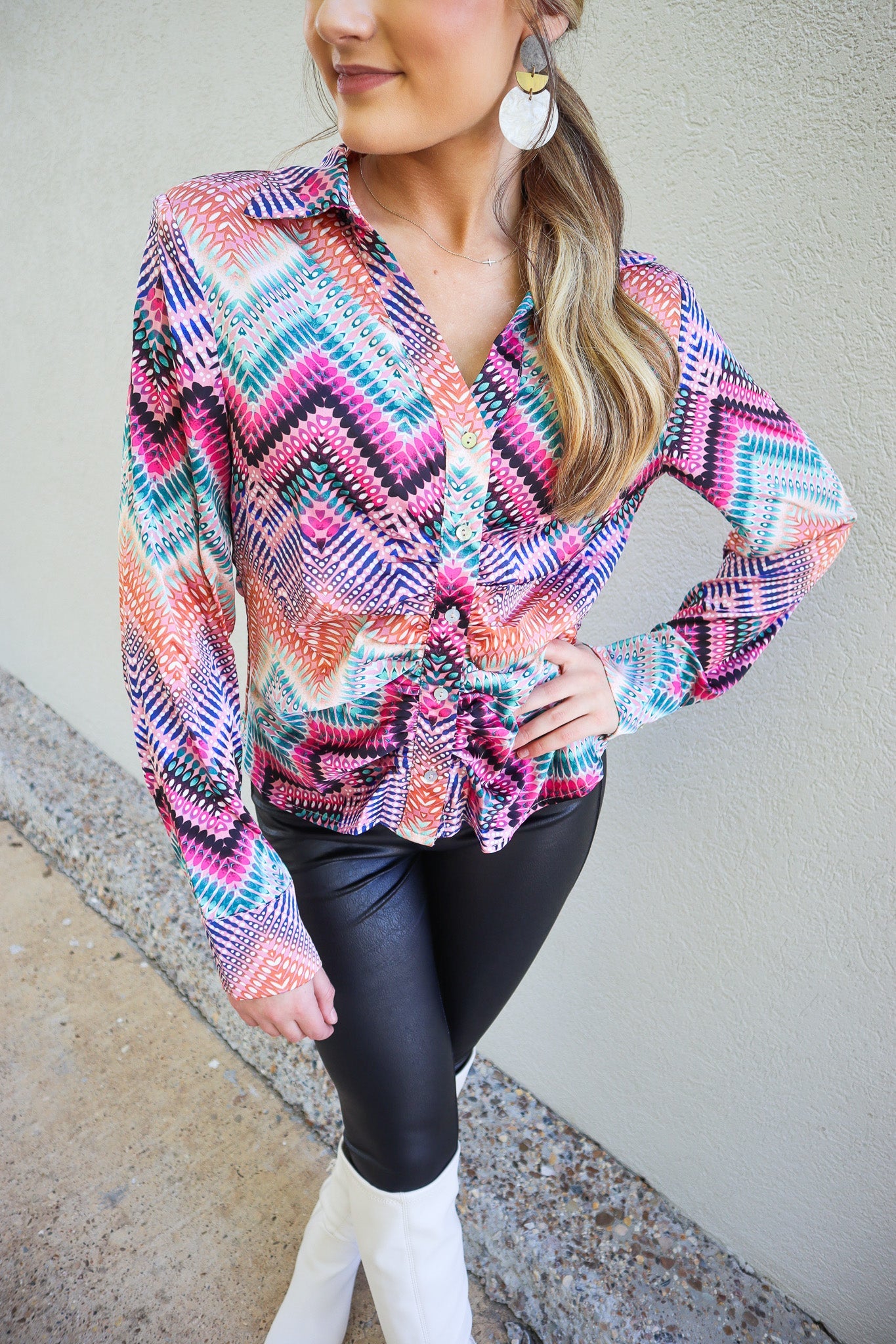 She’s Groovy Ruched Button Up Top-KCoutureBoutique, women's boutique in Bossier City, Louisiana