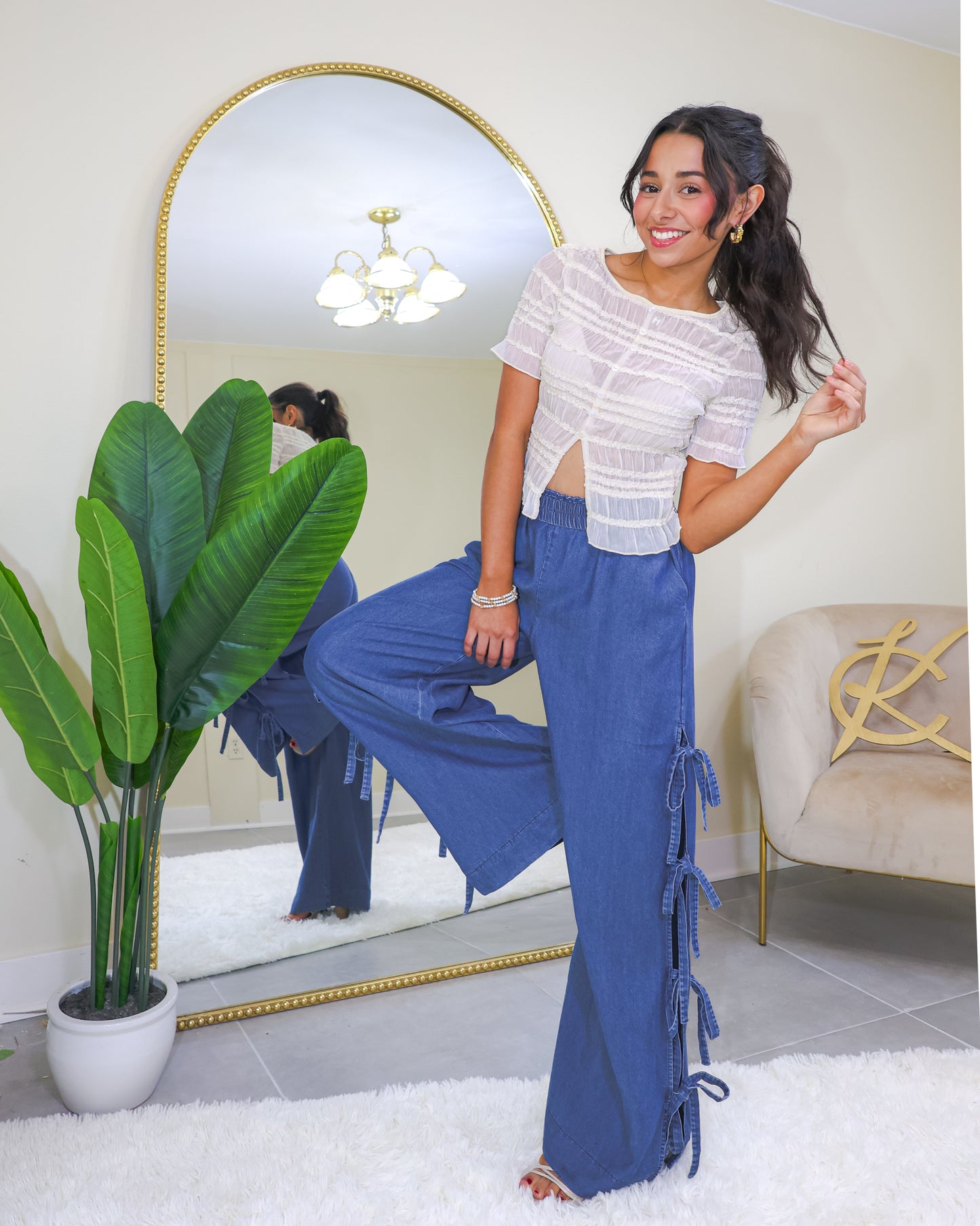 Side Tie Chic Wide Leg Denim Pants