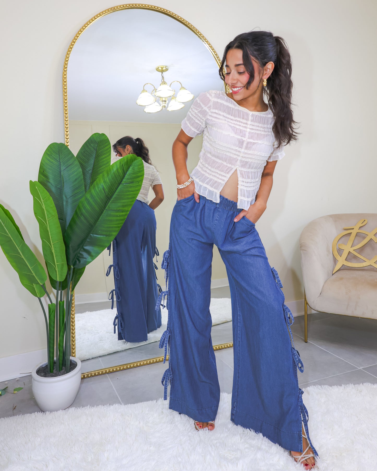 Side Tie Chic Wide Leg Denim Pants