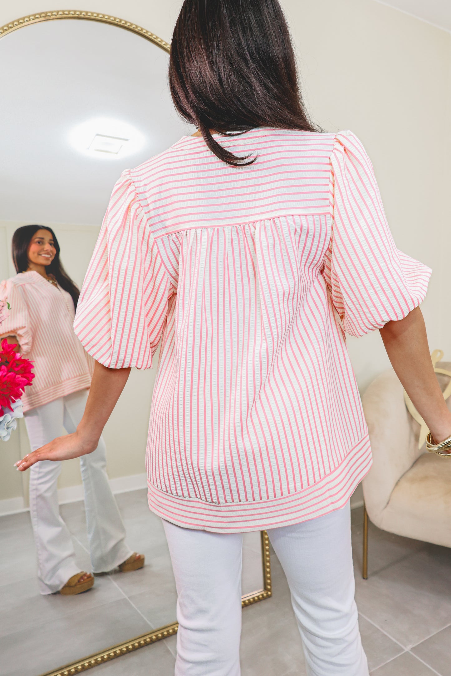 Soft Lines Striped Bubble Sleeve Top