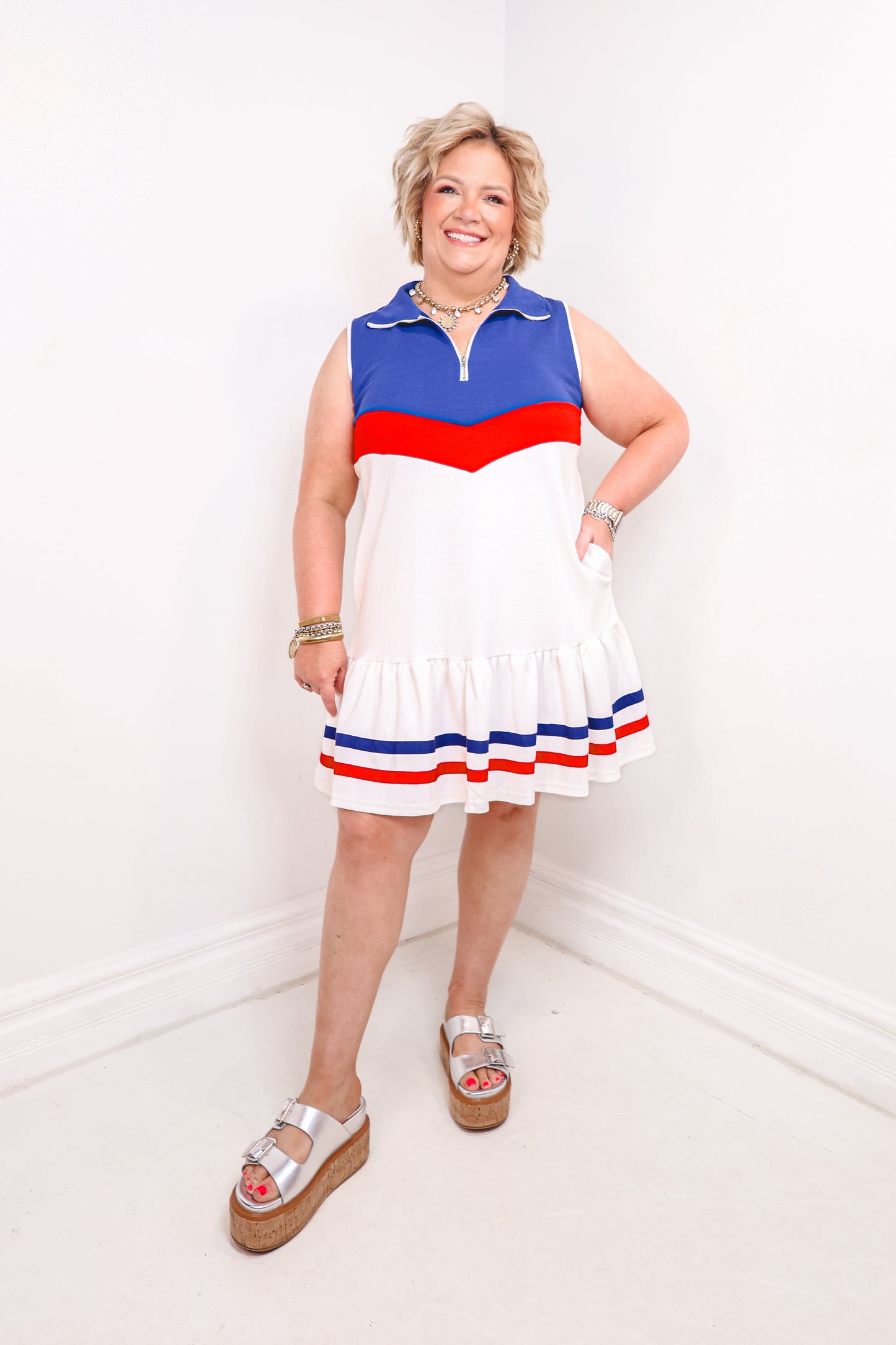 Stadium Stripes Half Zip Mini Dress