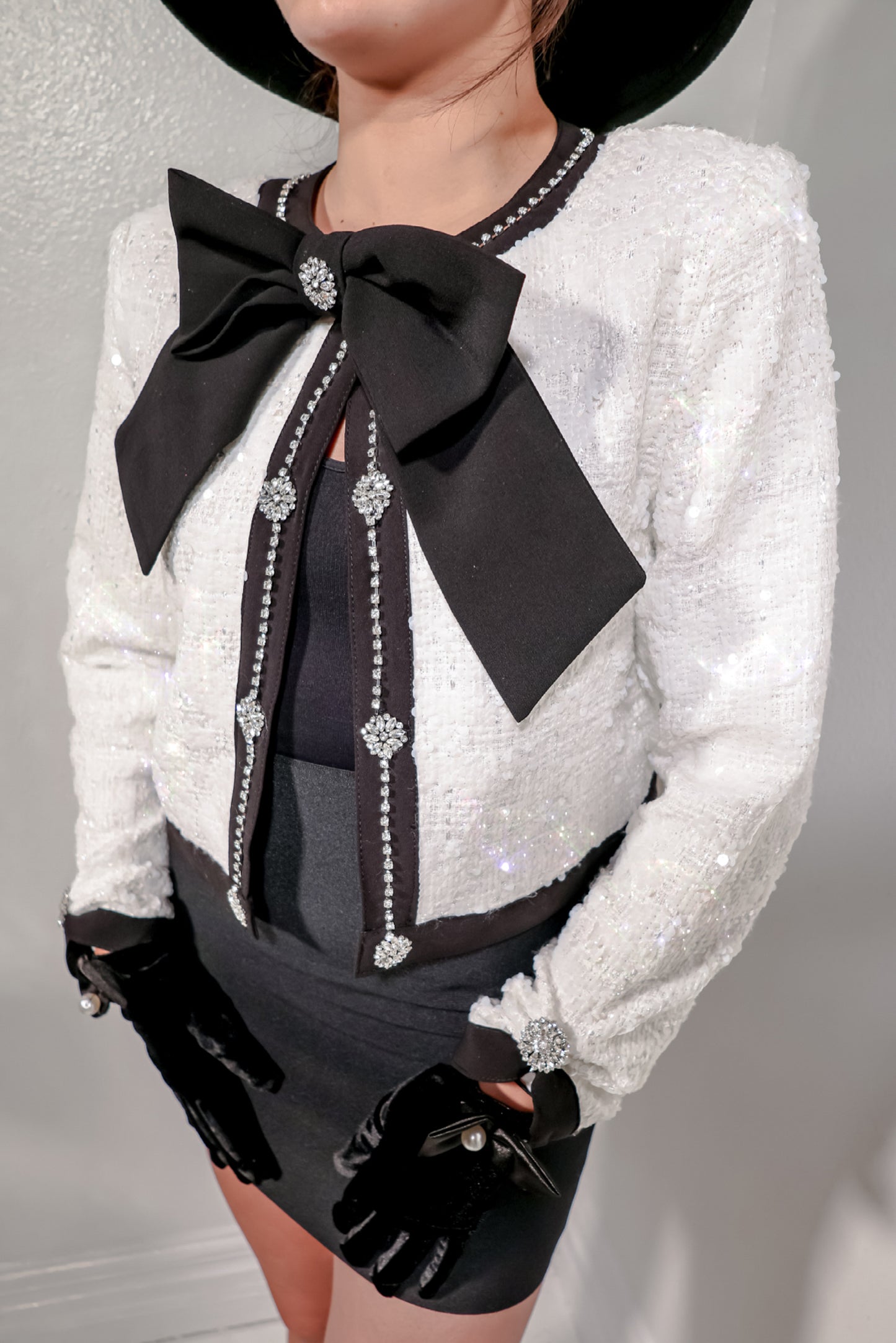 Starlit Sequin Tweed Bow Blazer