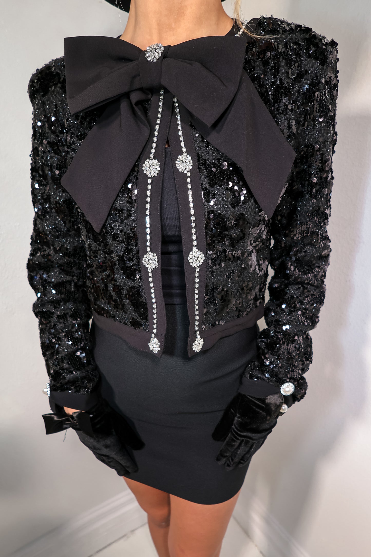 Starlit Sequin Tweed Bow Blazer