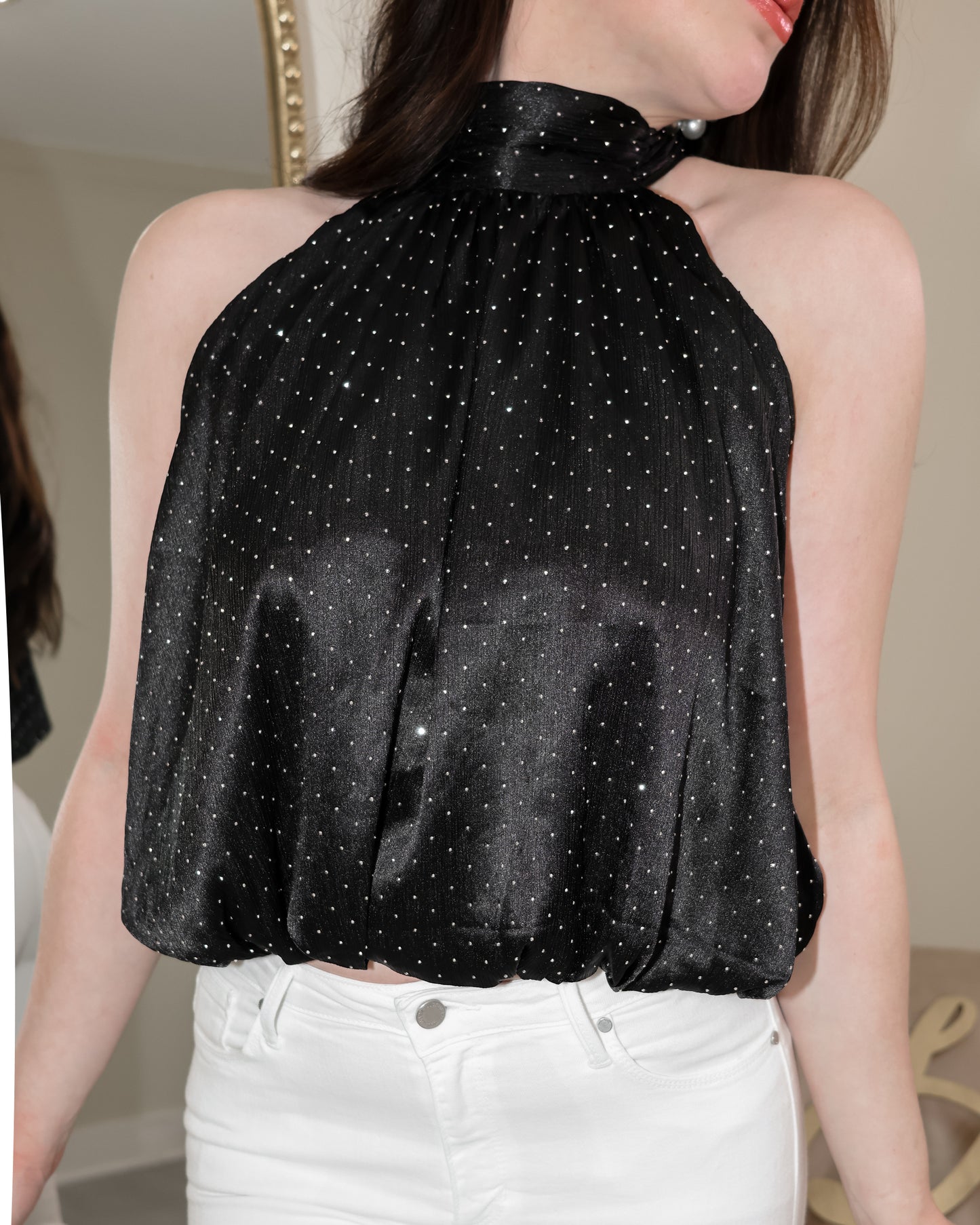 Starry Satin Rhinestone Halter Top