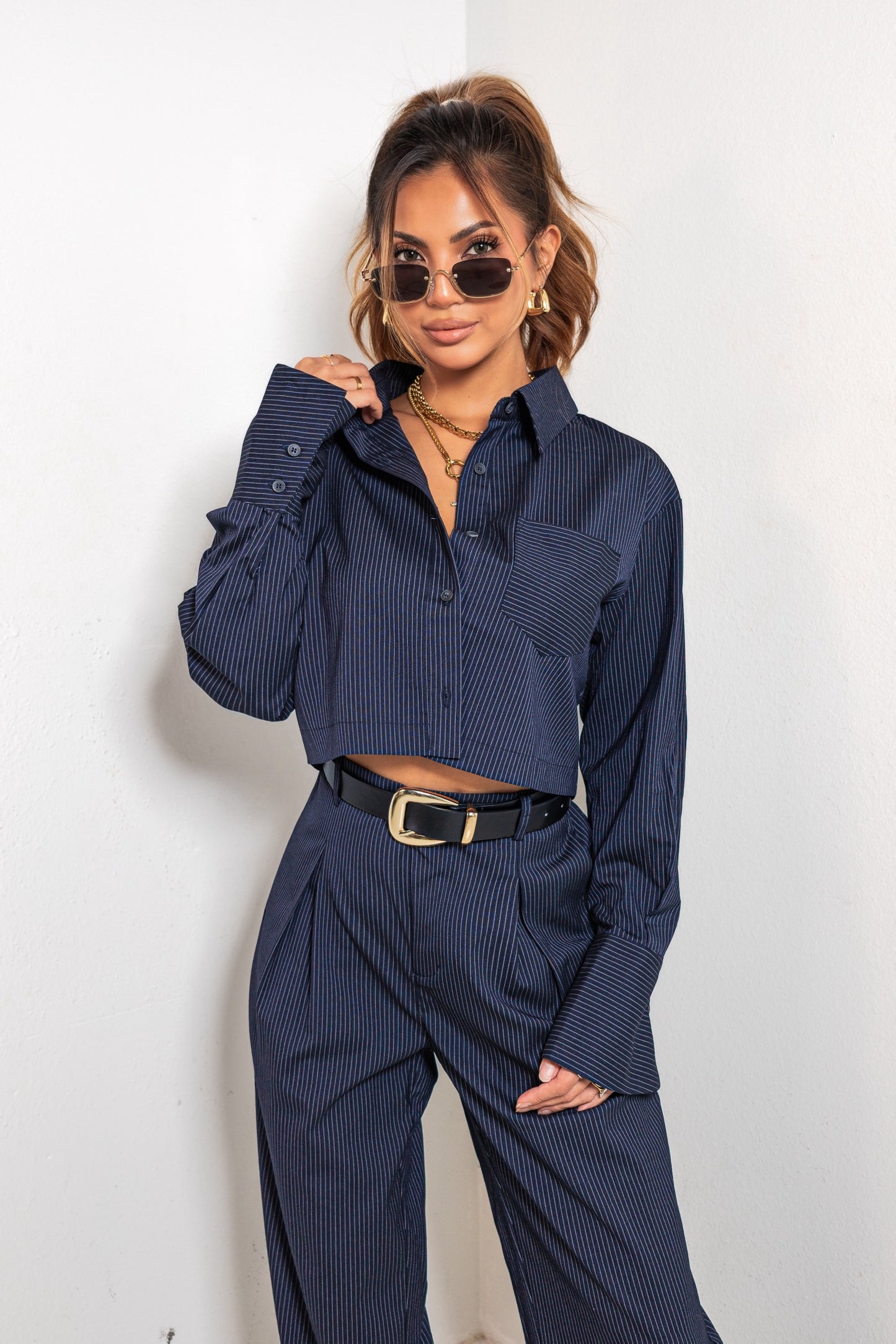 Strictly Business Pinstripe Cropped Shirt