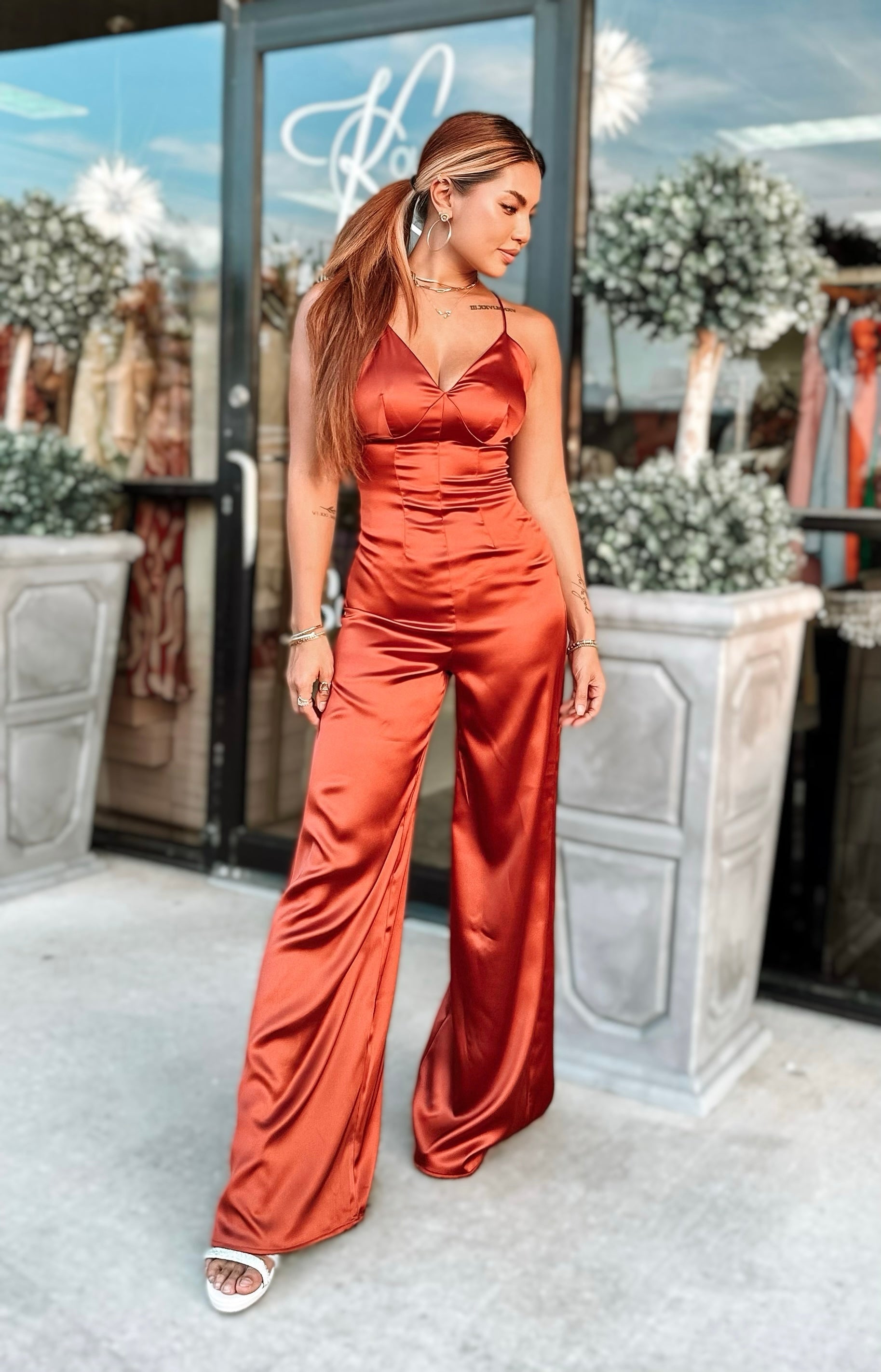 Sultry Rust Satin Open Back Jumpsuit