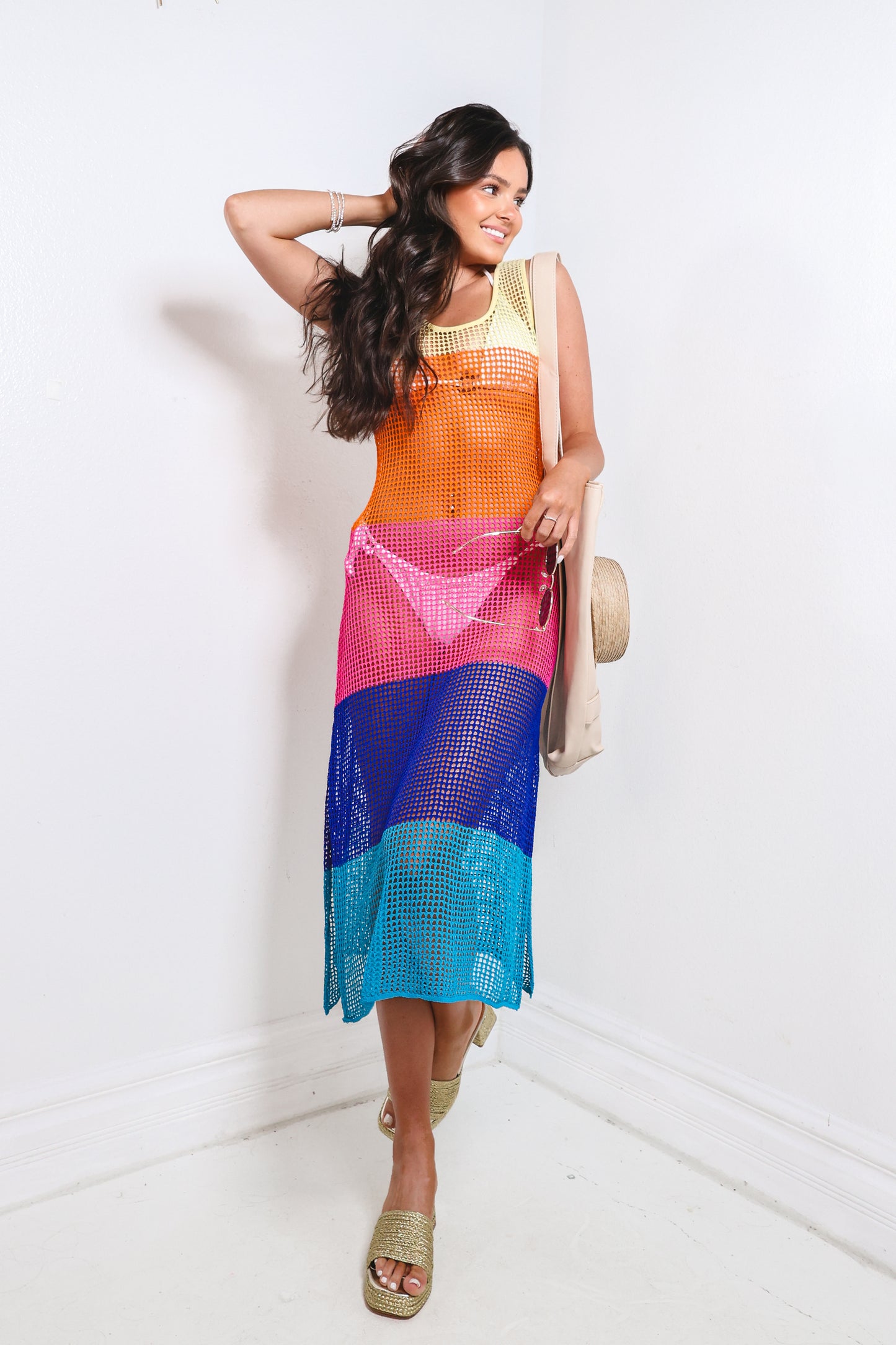 Sunset Spritz Striped Crochet Midi Dress
