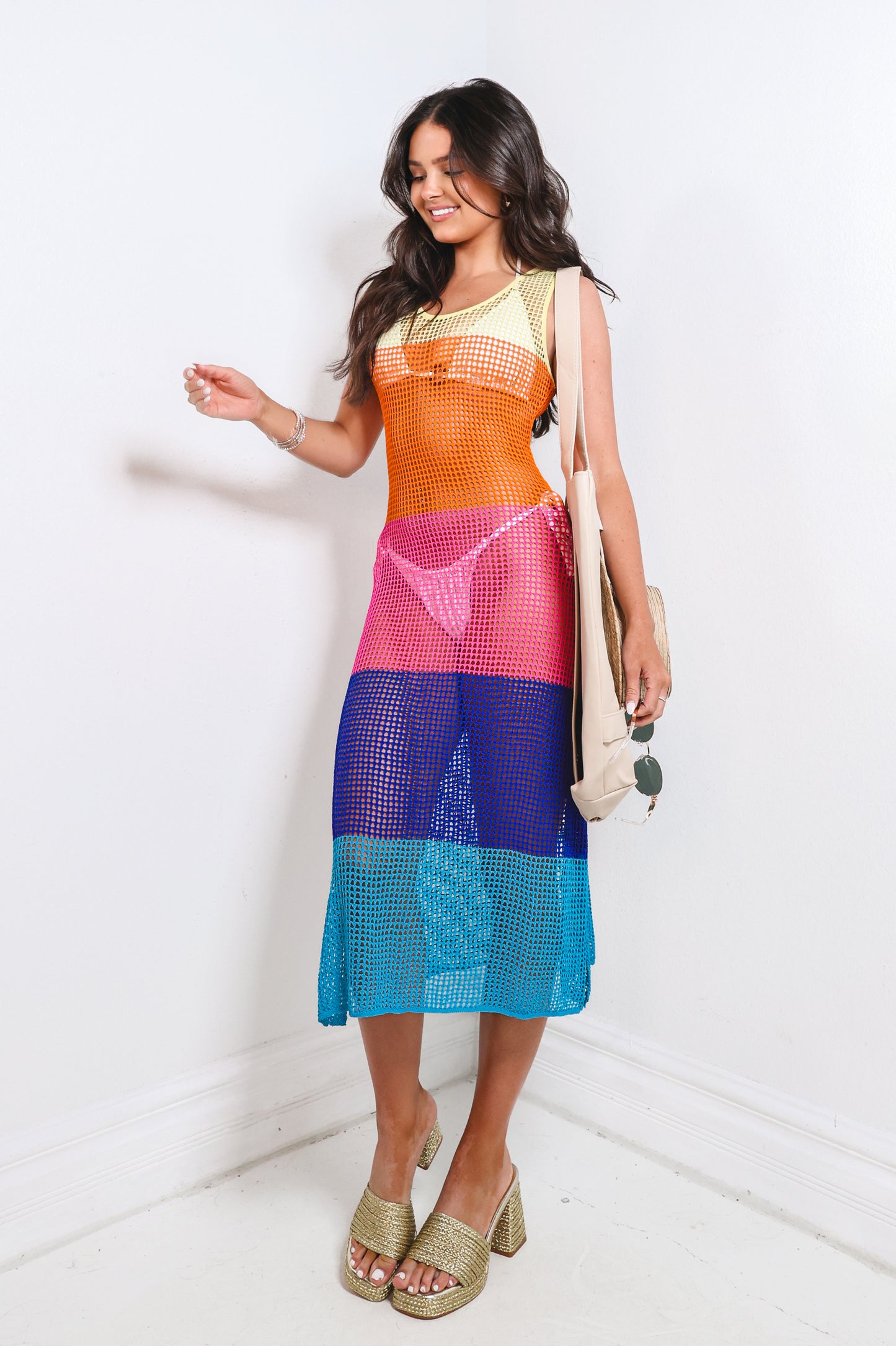 Sunset Spritz Striped Crochet Midi Dress