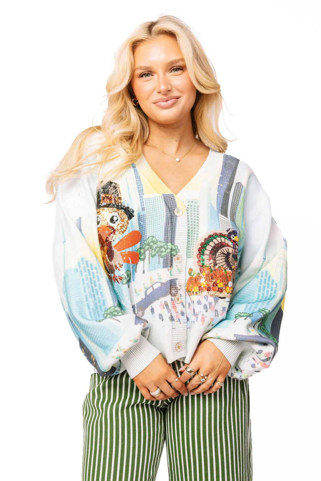 Queen of Sparkles Multi Thanksgiving Parade Button Up Cardigan