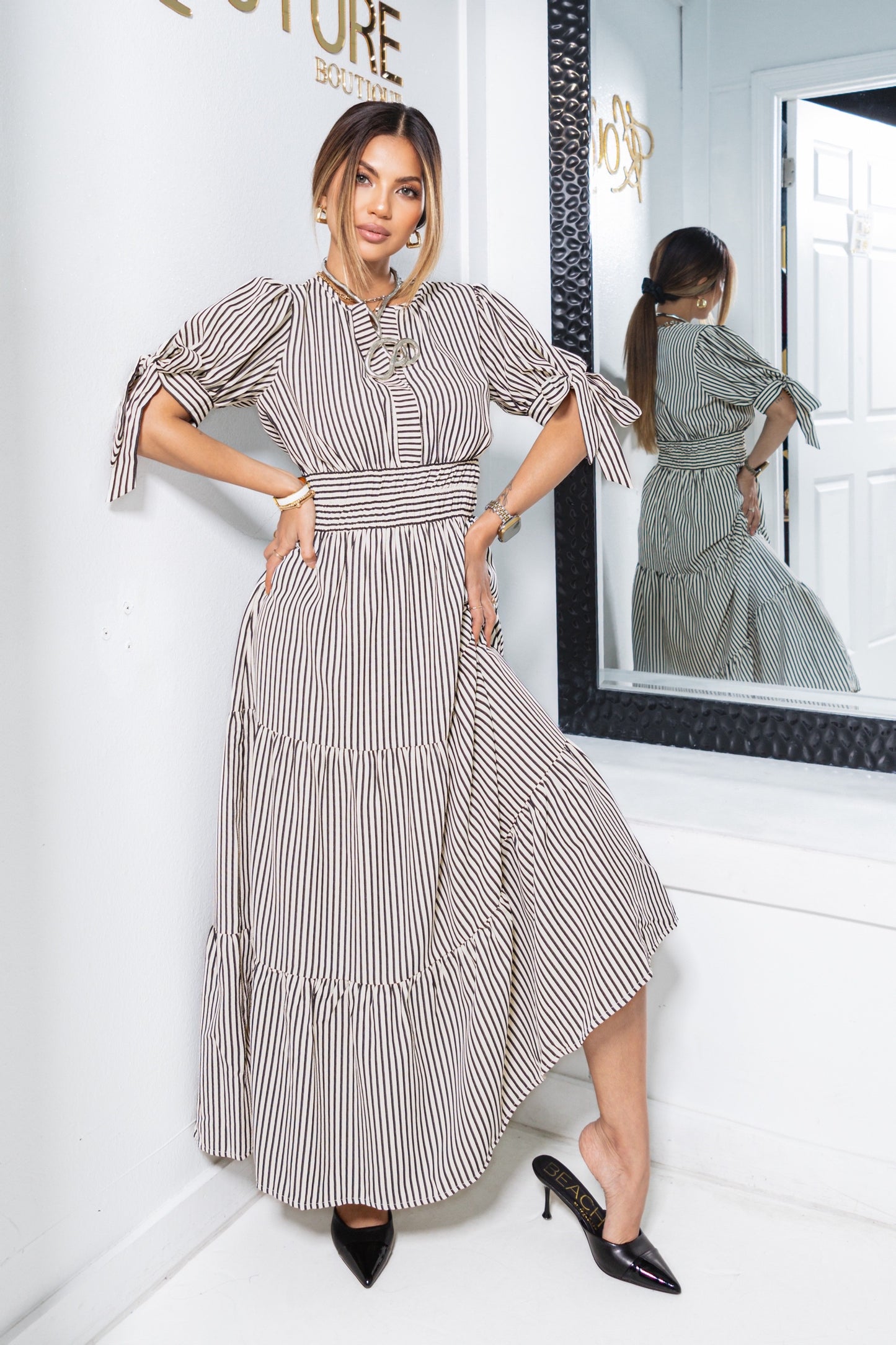 The Camden Striped Tie Sleeves Midi Dress